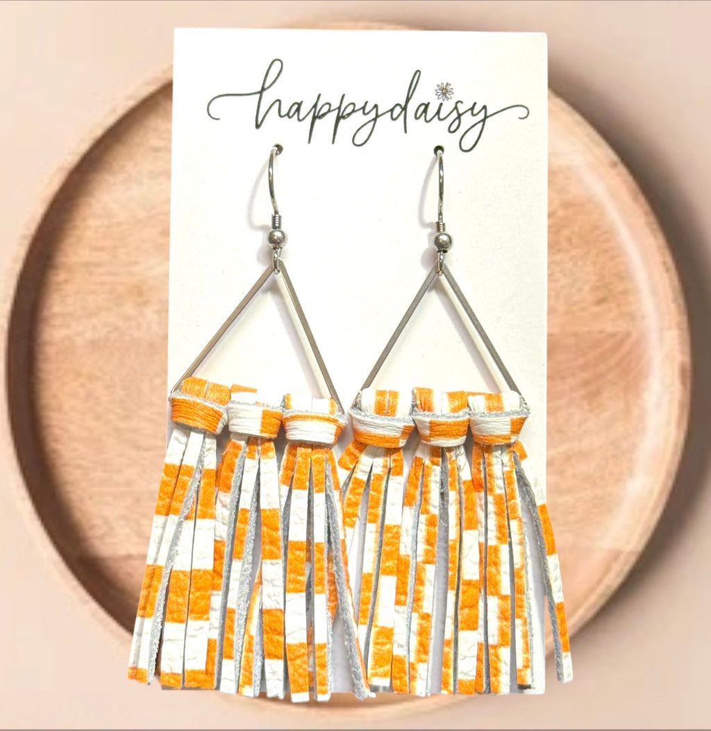 Sports Team Colors Orange White Fringe Leather Earrings