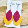 Pink & Golden Yellow Aspen on Teardrop Layered Leather Earrings