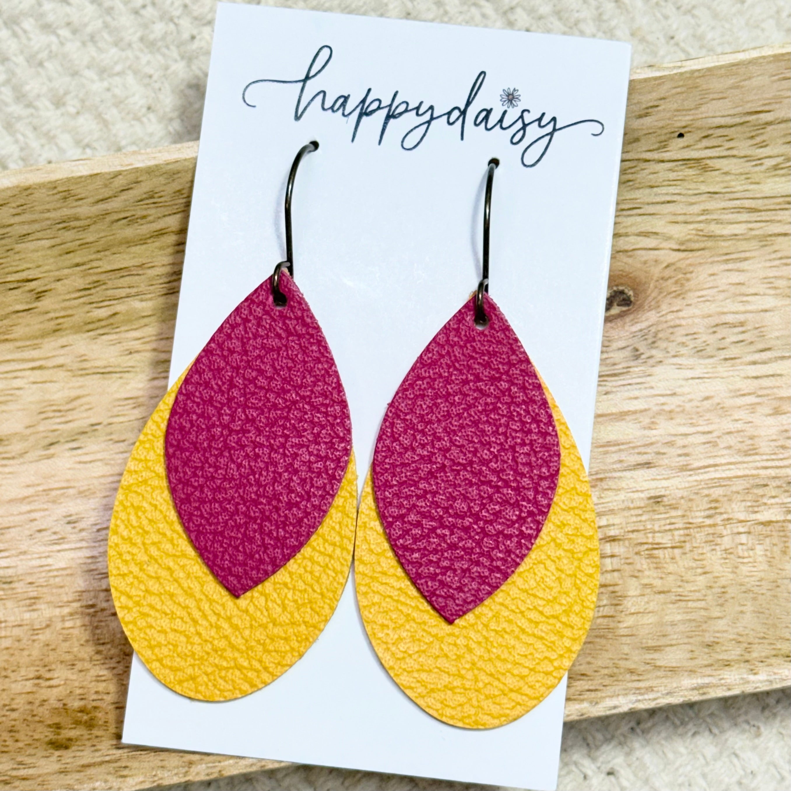Pink & Golden Yellow Aspen on Teardrop Layered Leather Earrings