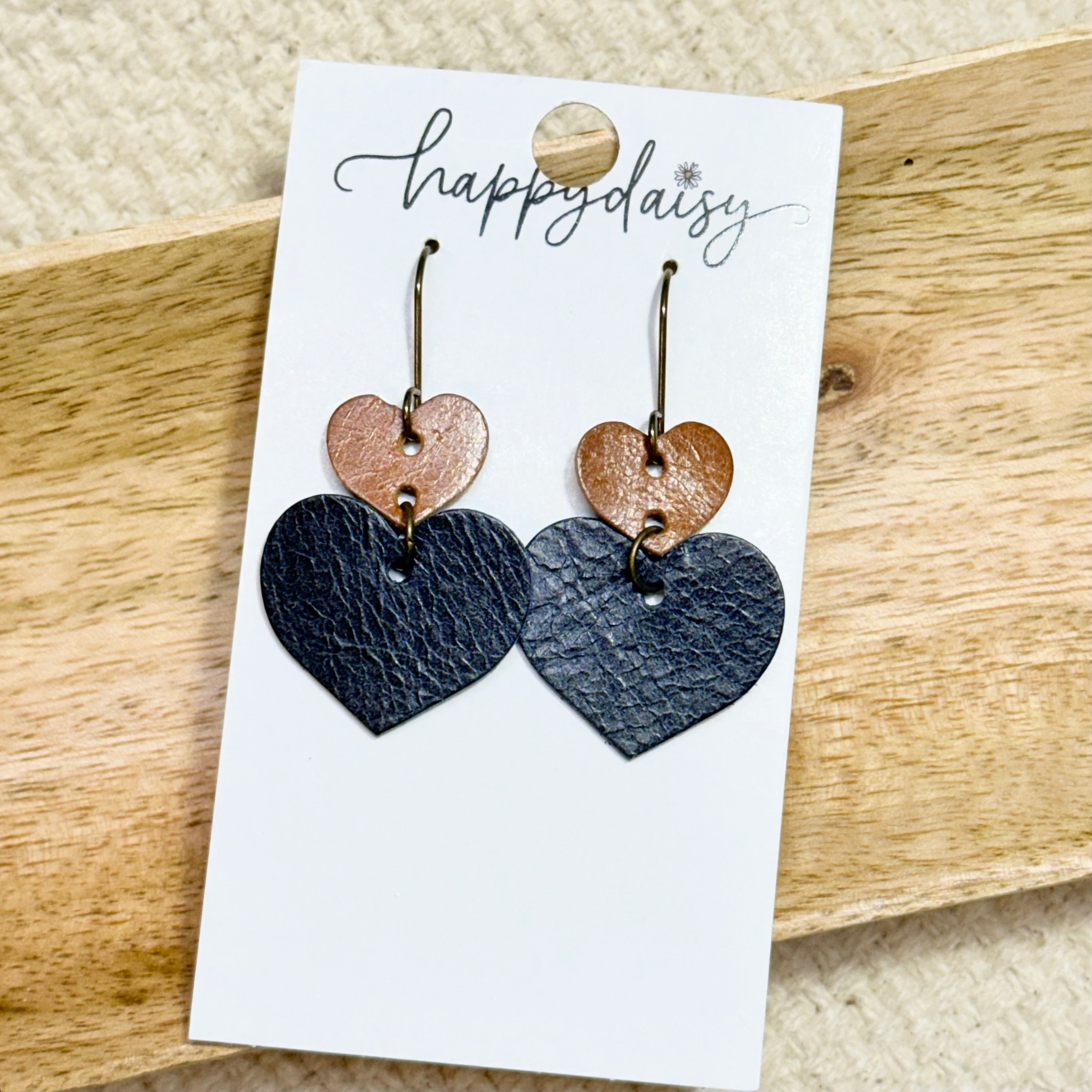 Saddle Brown & Navy Hearts Leather Earrings