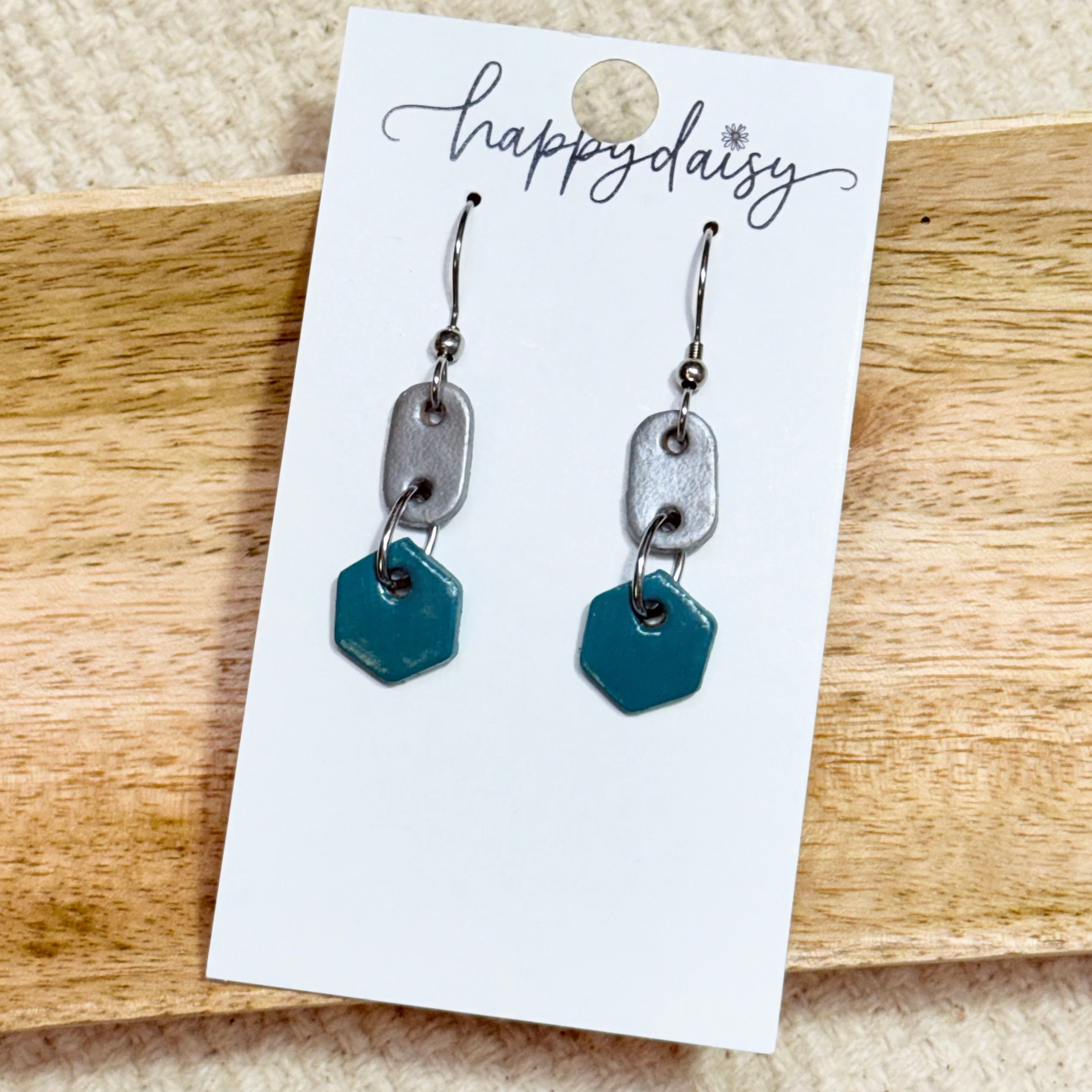 Teal & Silver Hex Drop Leather Earrings