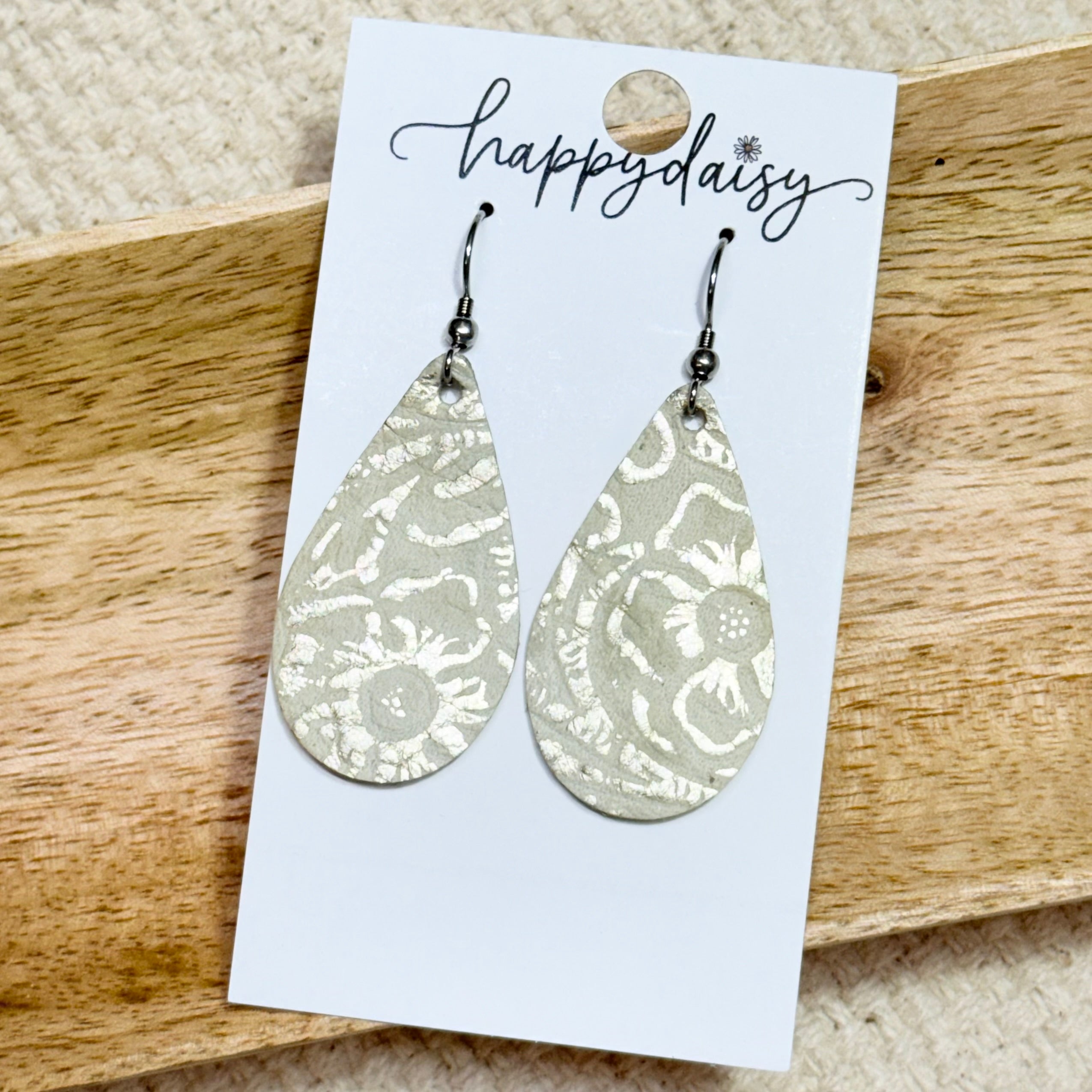 Gold on Cream Floral Embossed Leather Teardrop Earrings