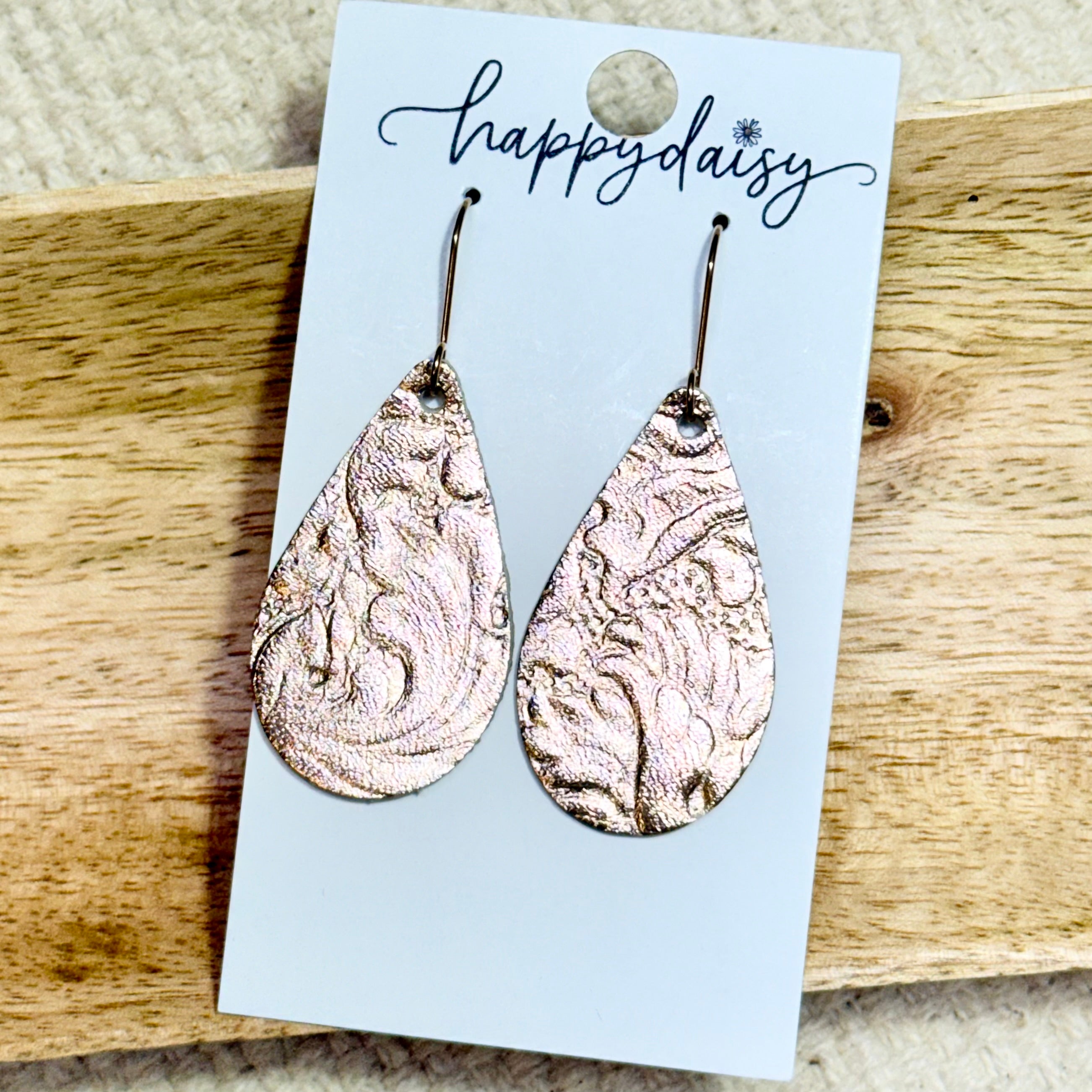 Rose Gold Floral Embossed Leather Teardrop Earrings