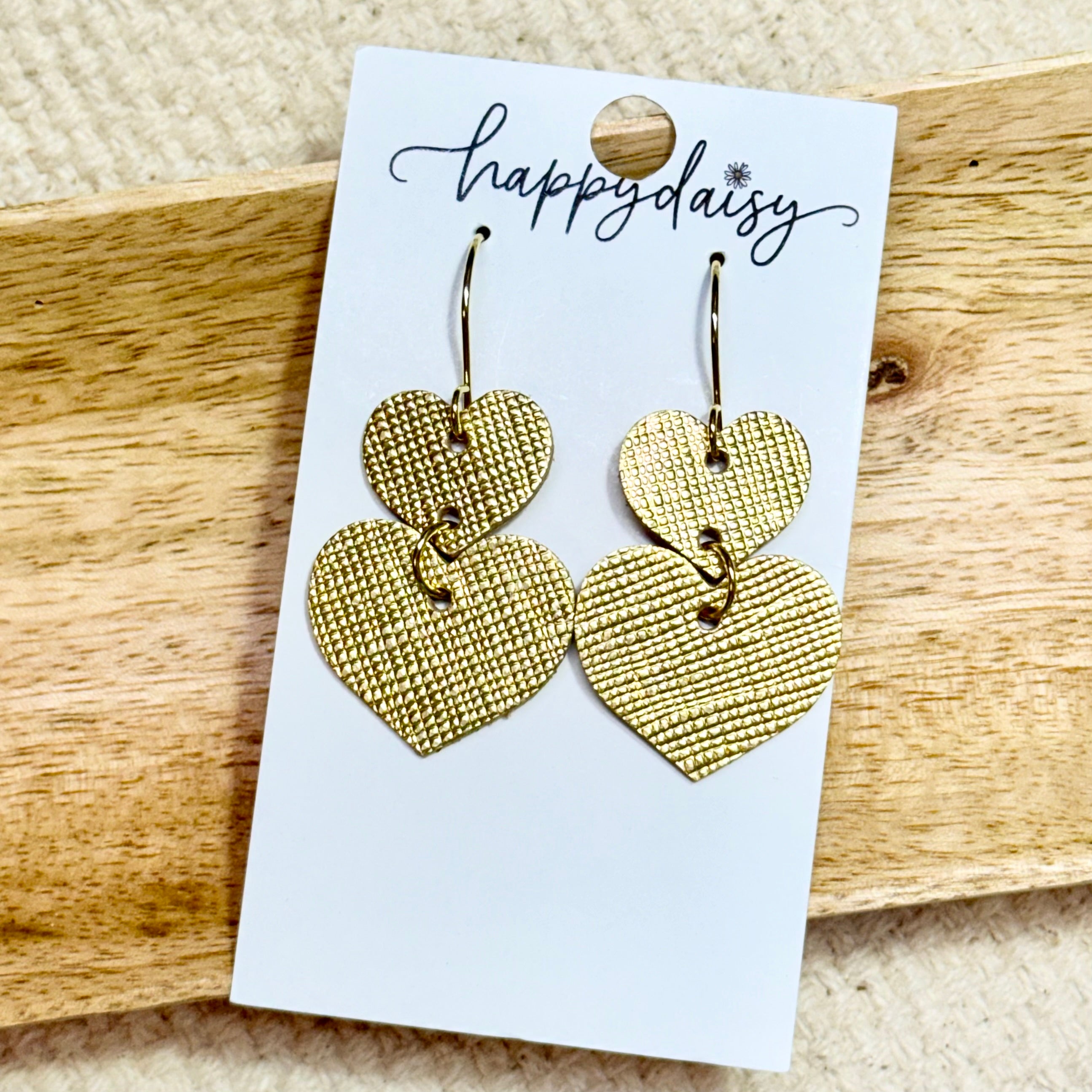 Gold Stacked Hearts Leather Earrings