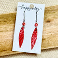 Coral Hand-Painted Feather Leather Earrings