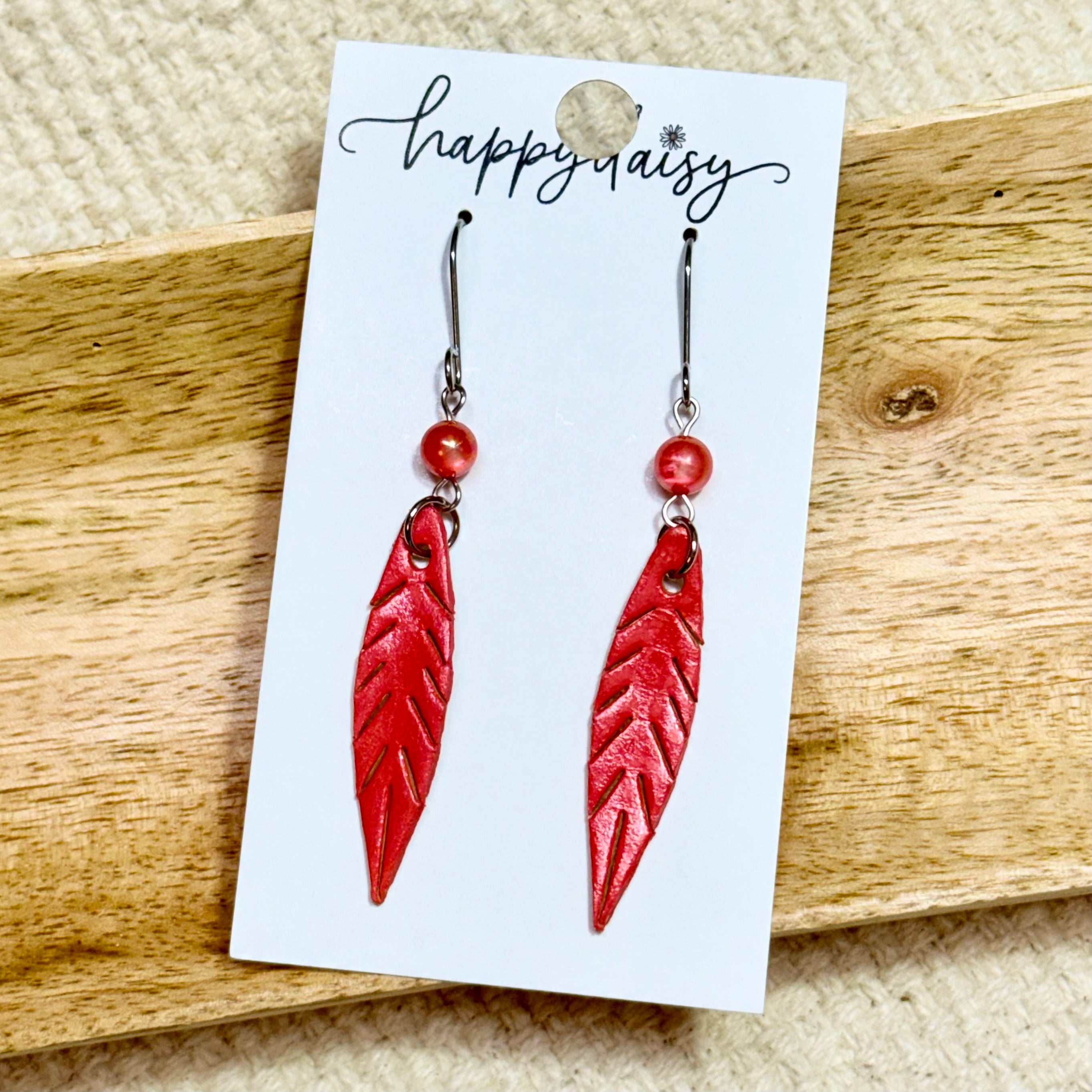 Coral Hand-Painted Feather Leather Earrings