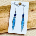 Turquoise Blue Hand-Painted Feather Leather Earrings