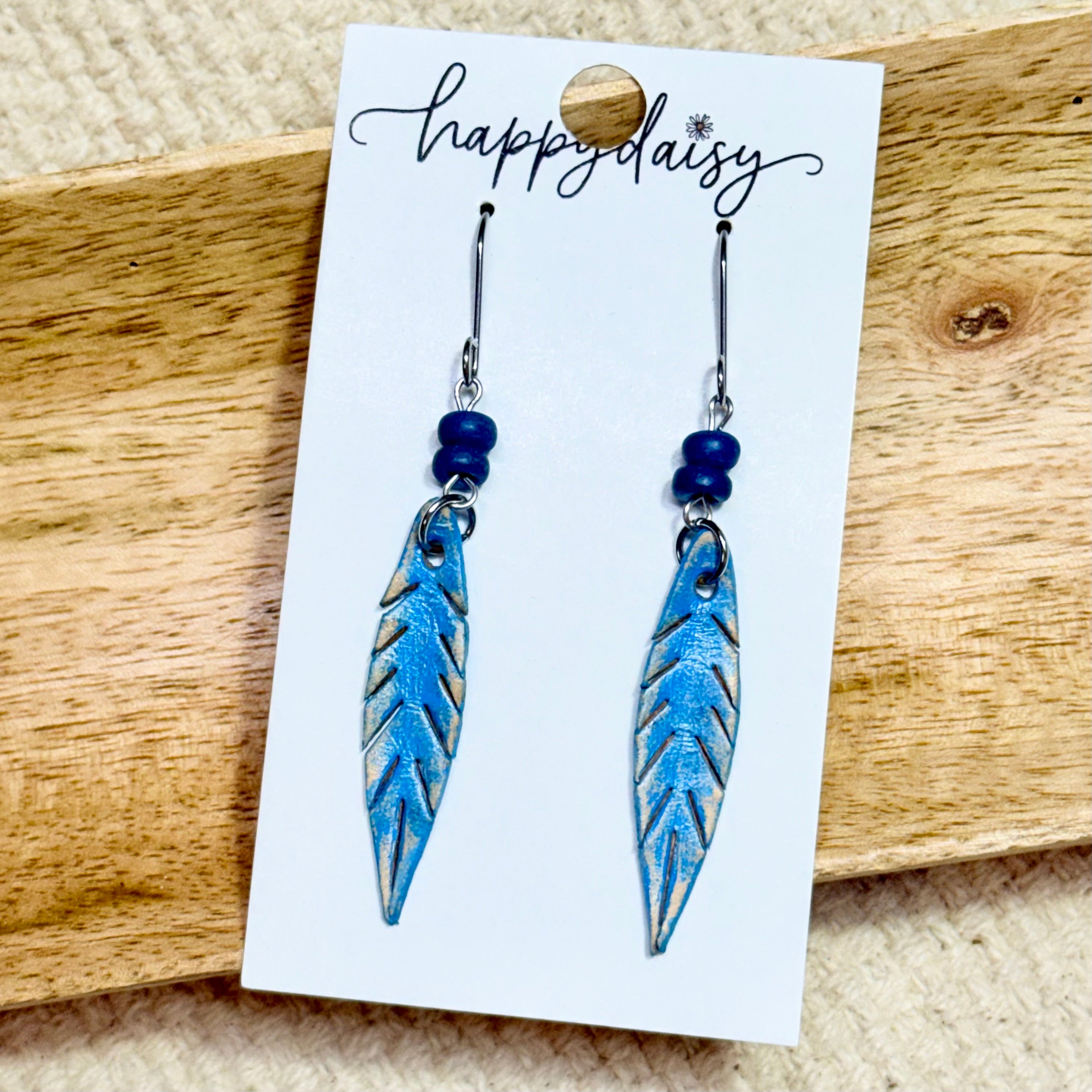 Turquoise Blue Hand-Painted Feather Leather Earrings