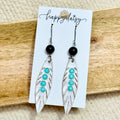 White and Turquoise Hand-Stamped & Painted Feather Leather Earrings
