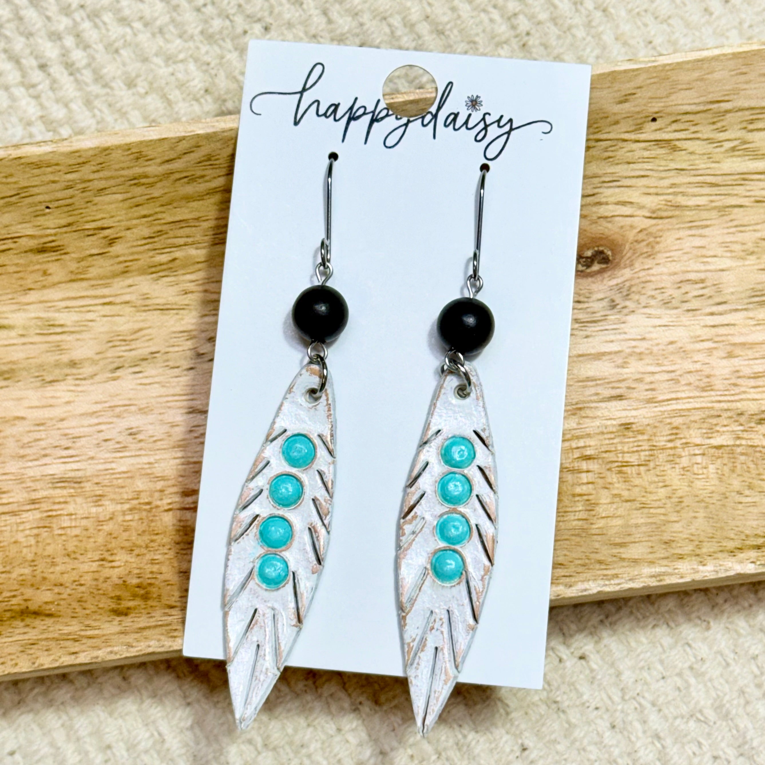 White and Turquoise Hand-Stamped & Painted Feather Leather Earrings