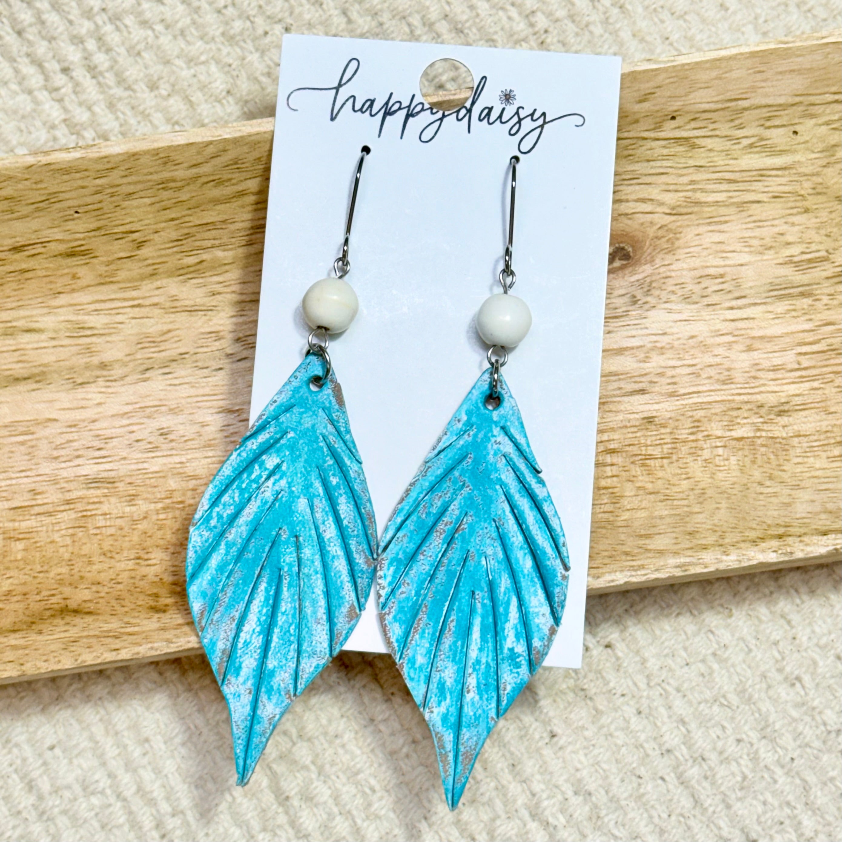 Turquoise Hand-Painted  & Distressed Feather Leather Earrings