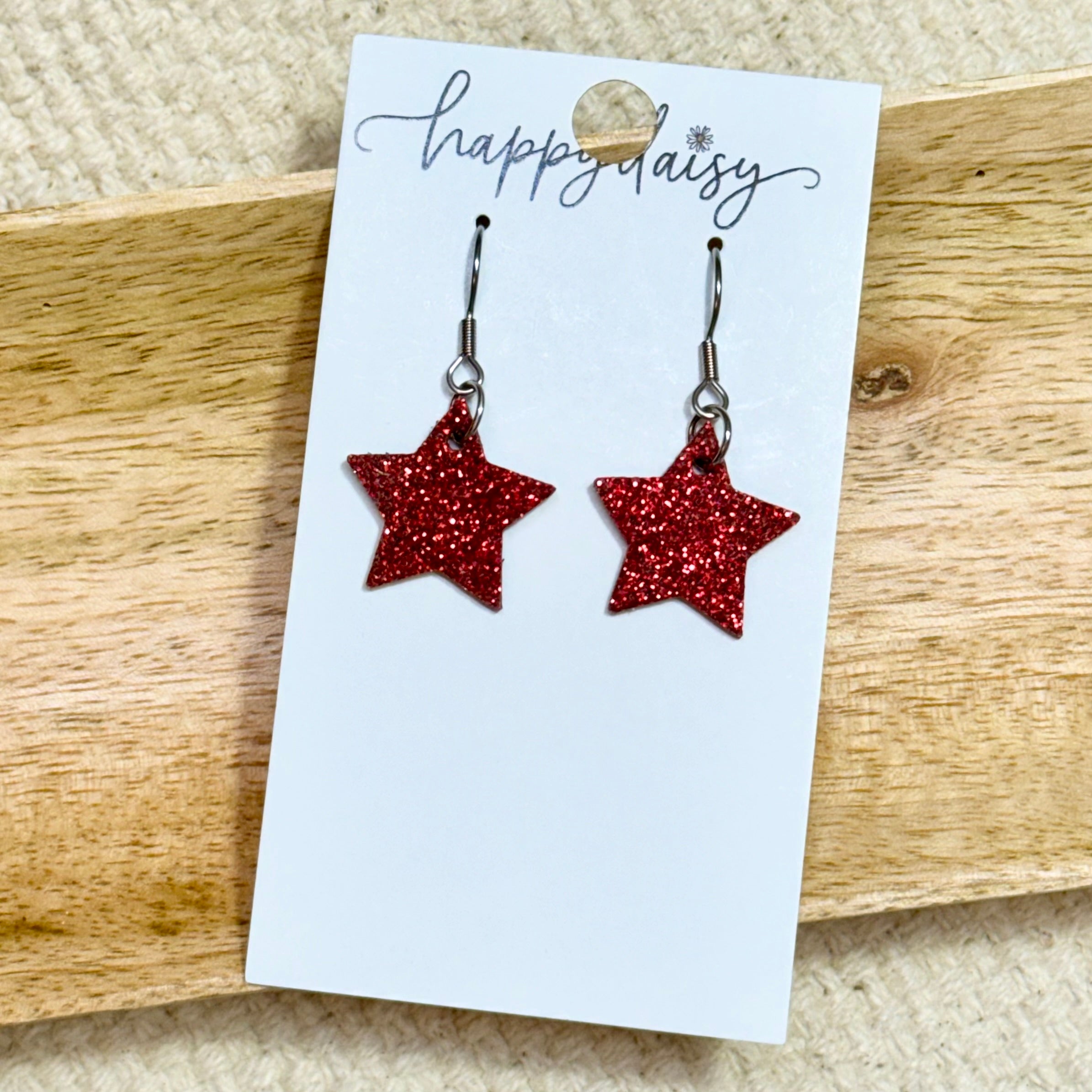 Red Mini Star Glitter on Leather Earrings
