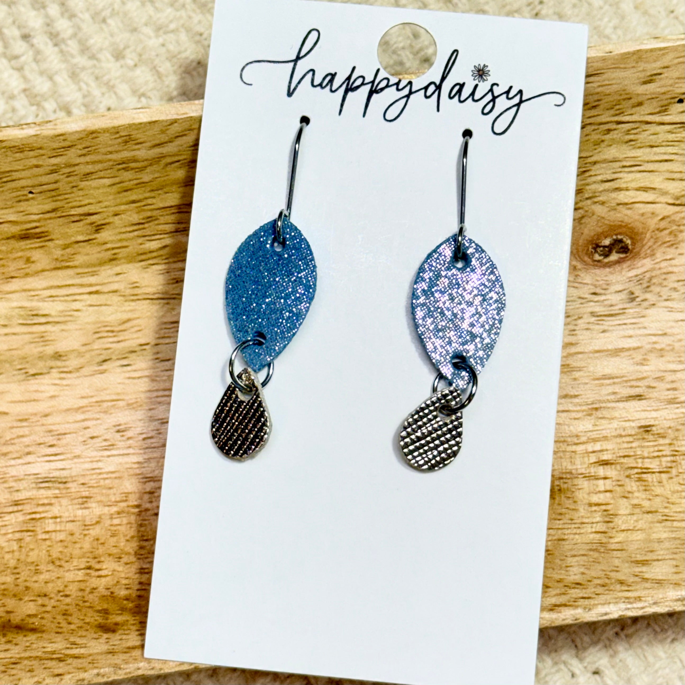 Blue Silver Dazzle Leather Earrings