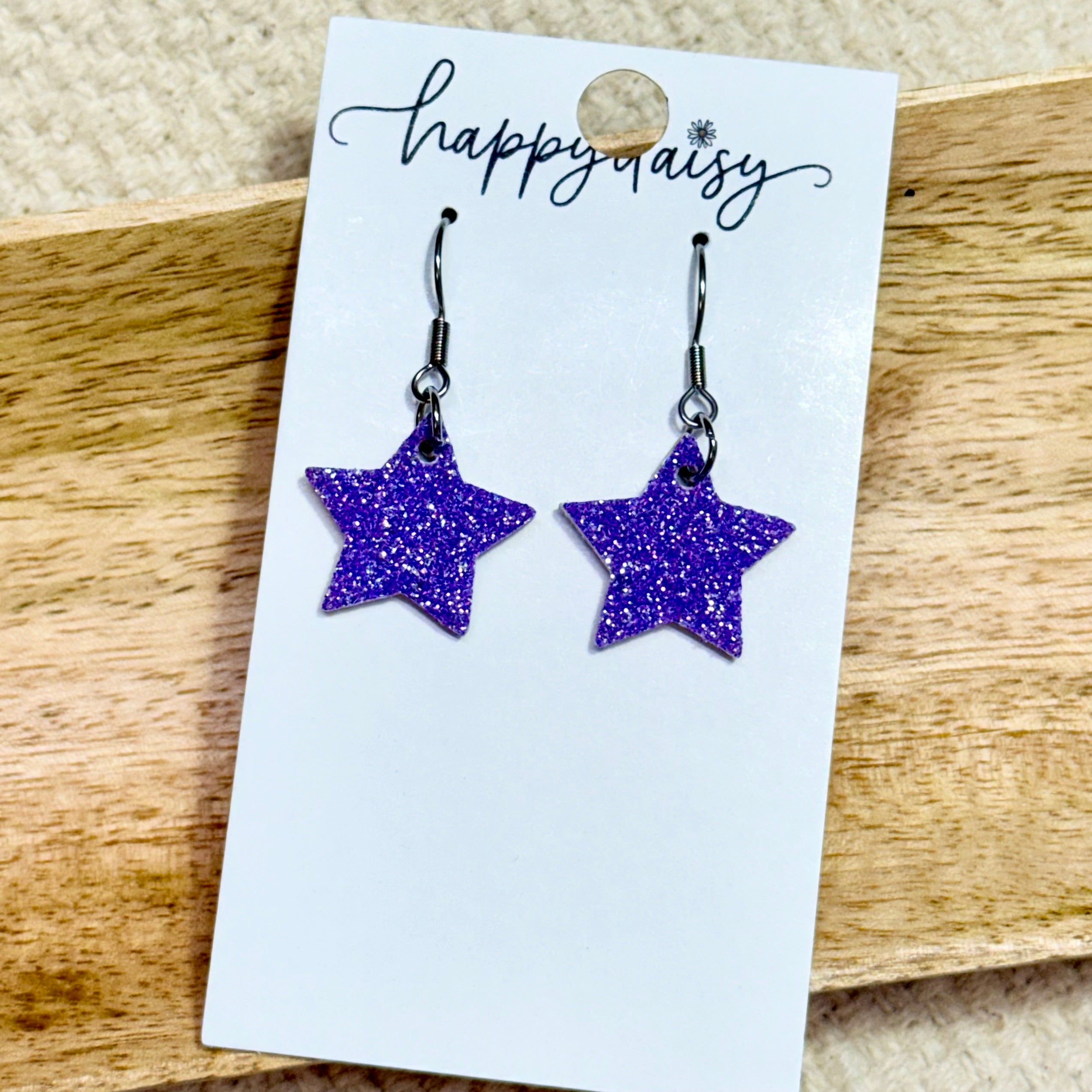 Purple Mini Star Glitter on Leather Earrings