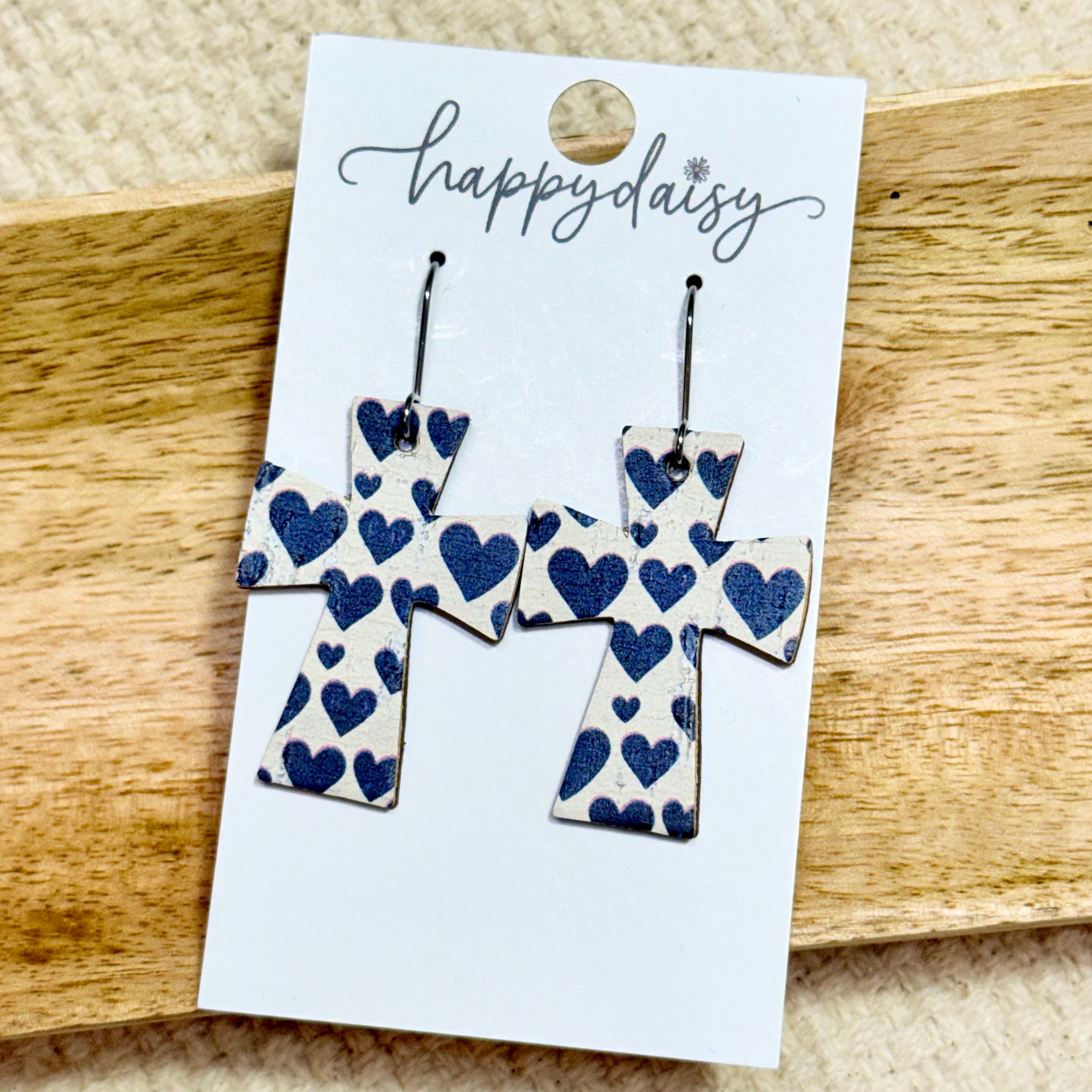 White & Black Cork on Leather Cross Earrings
