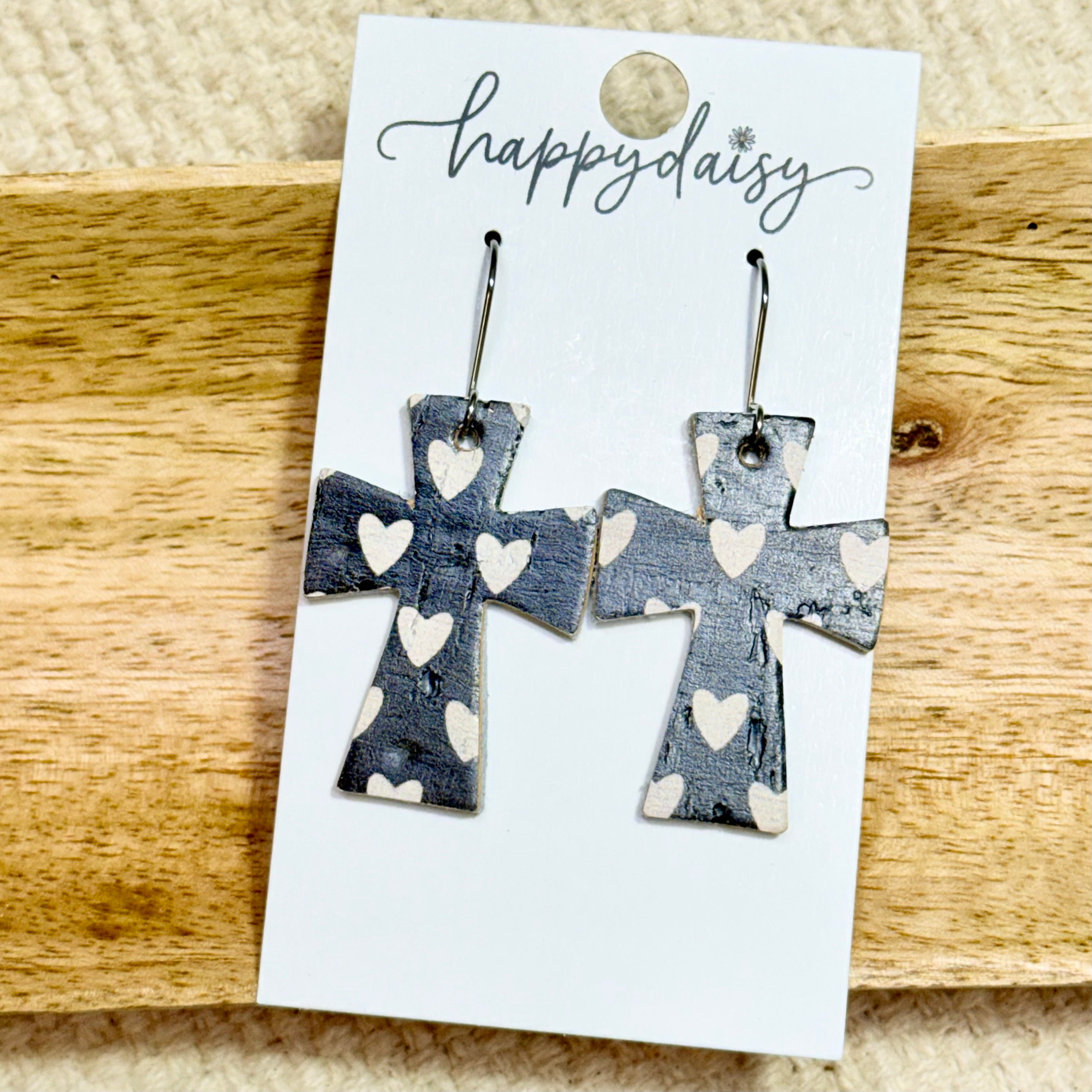 Black & White Cork on Leather Cross Earrings