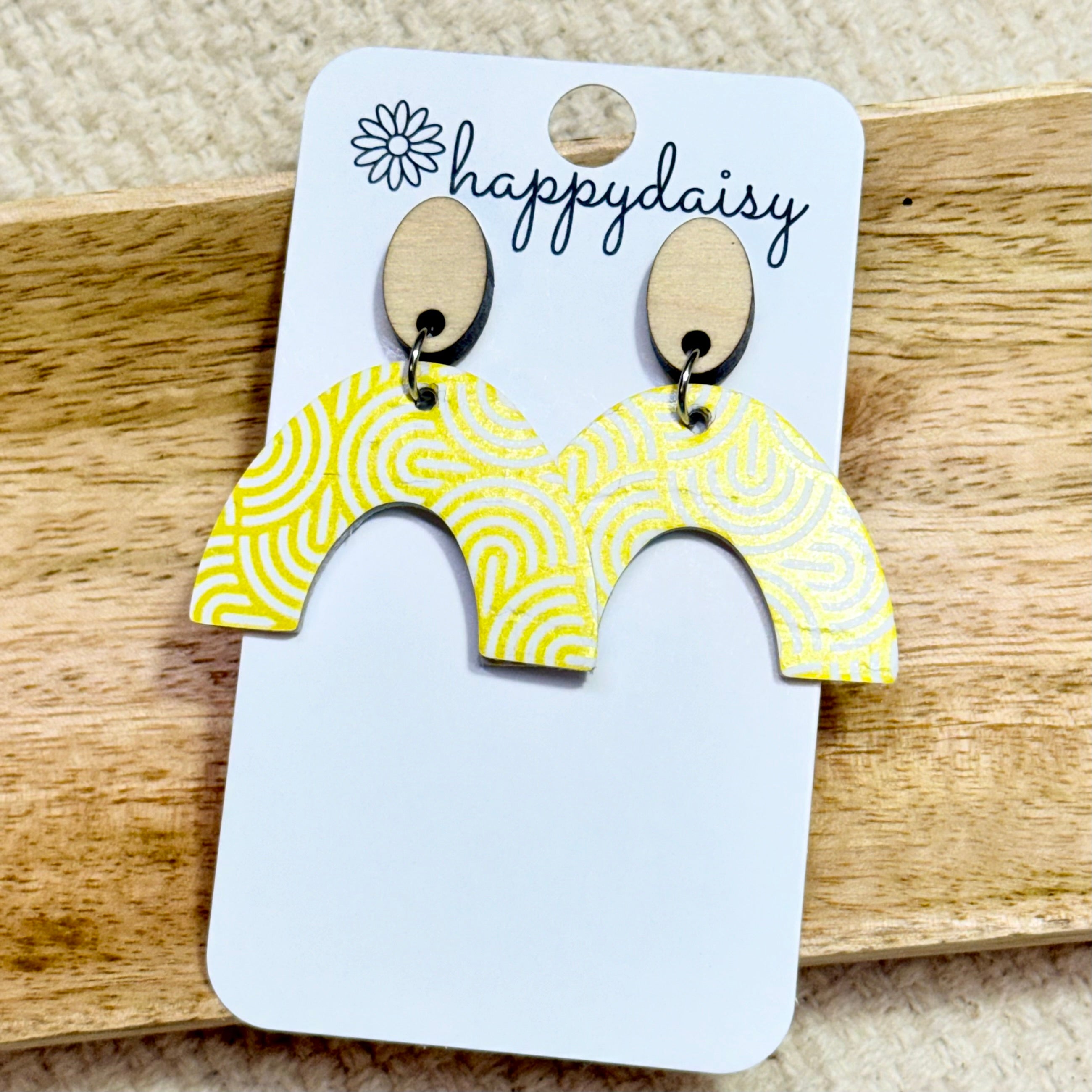 Summer Yellow & White Print Cork on Leather Arwen Arch Earrings