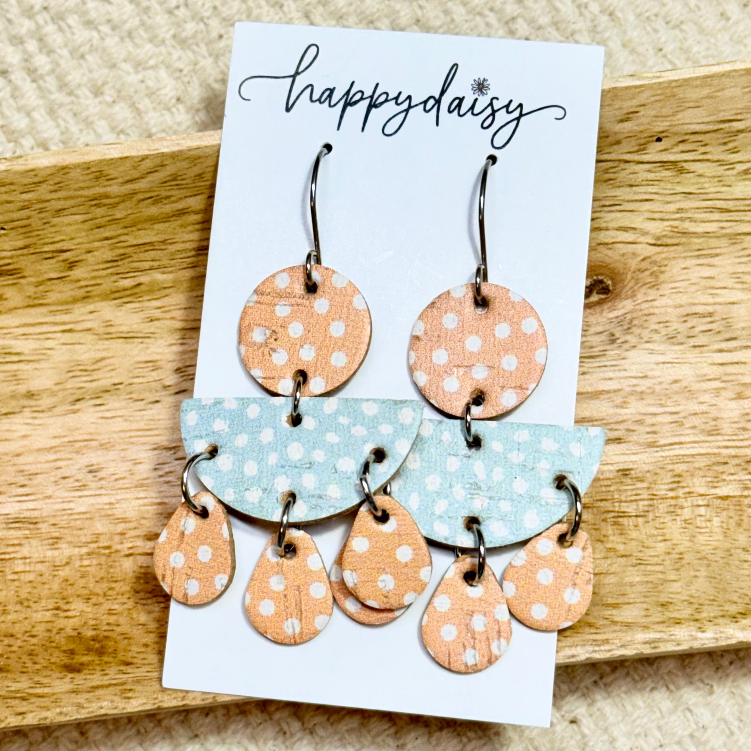 Peach & Mint Dot Cork on Leather Cascade Earrings