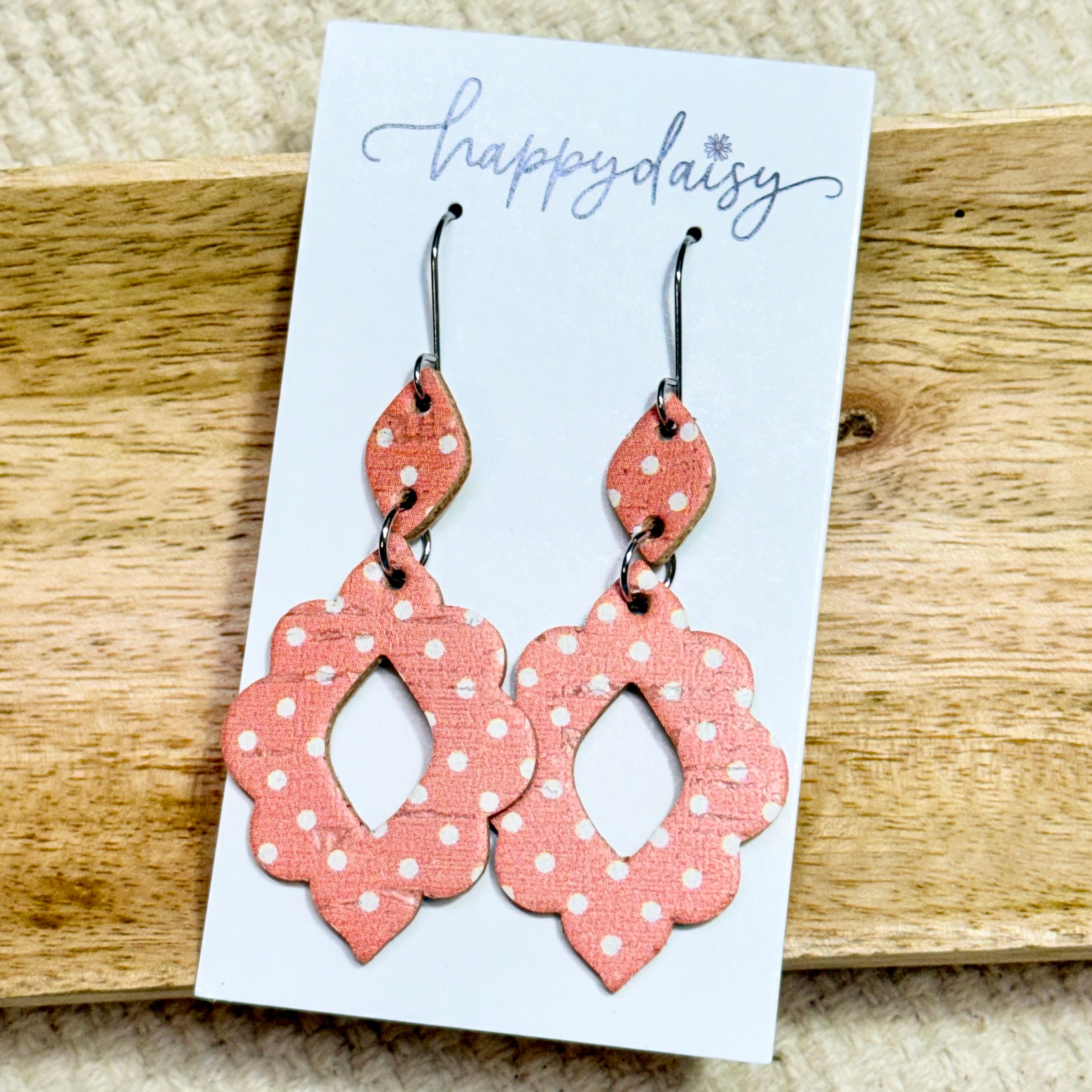 Coral Dot Cork on Leather Krystal Earrings