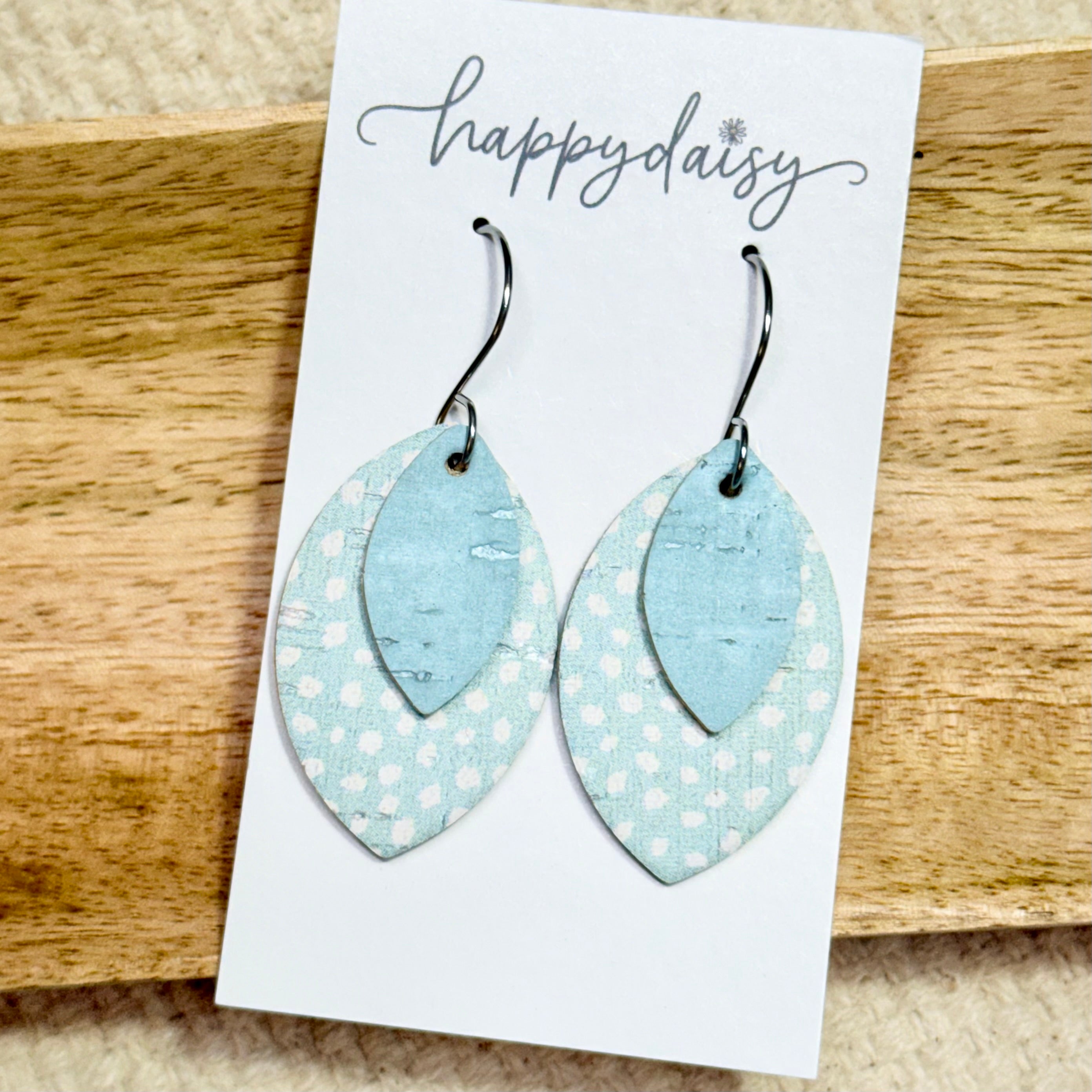 Aqua Pastel Dot Cork on Leather Layered Aspen Earrings