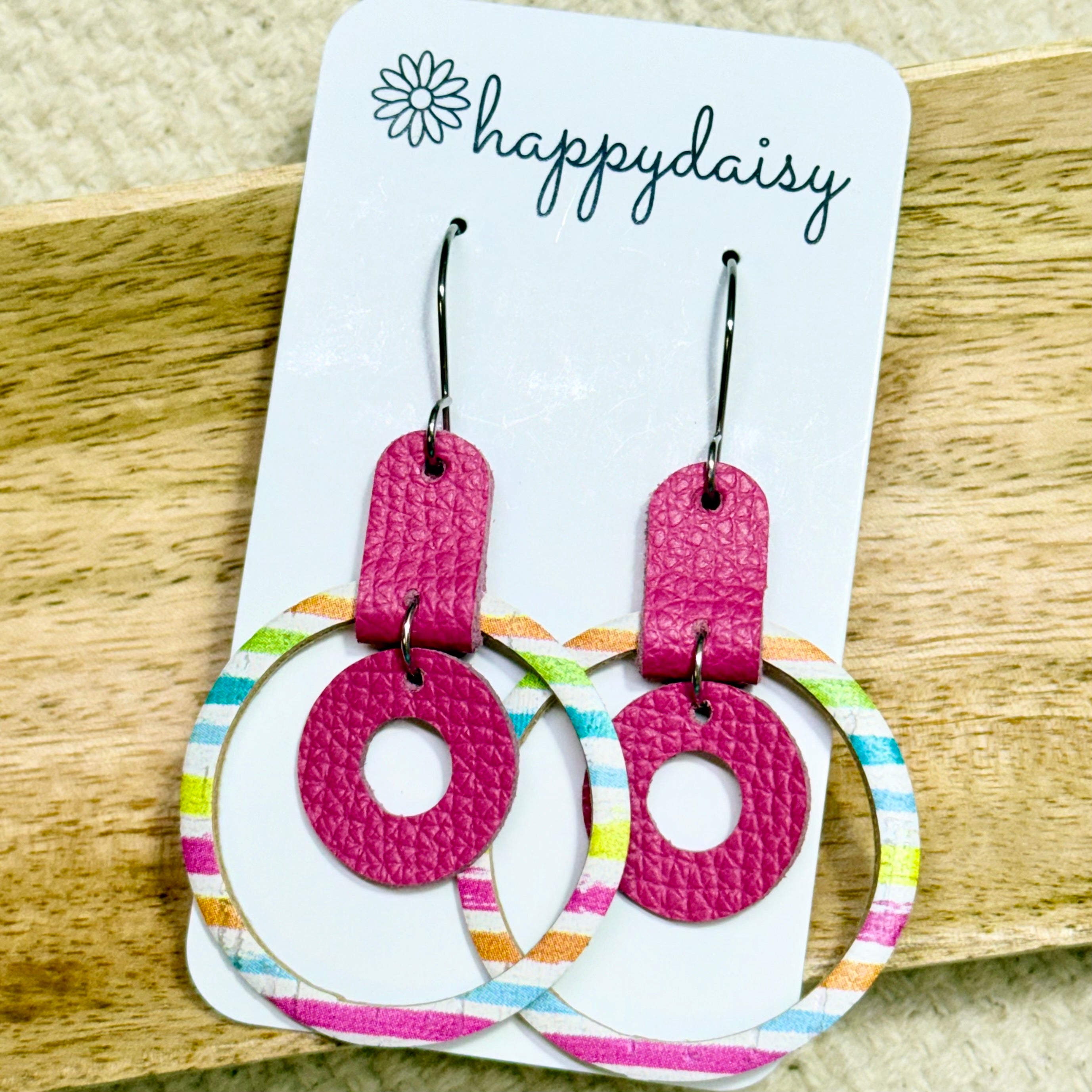 Summer Stripes Cork on Leather Mod Shannon Hoop Earrings