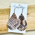 Brown Snake Embossed Teardrop Leather Earrings