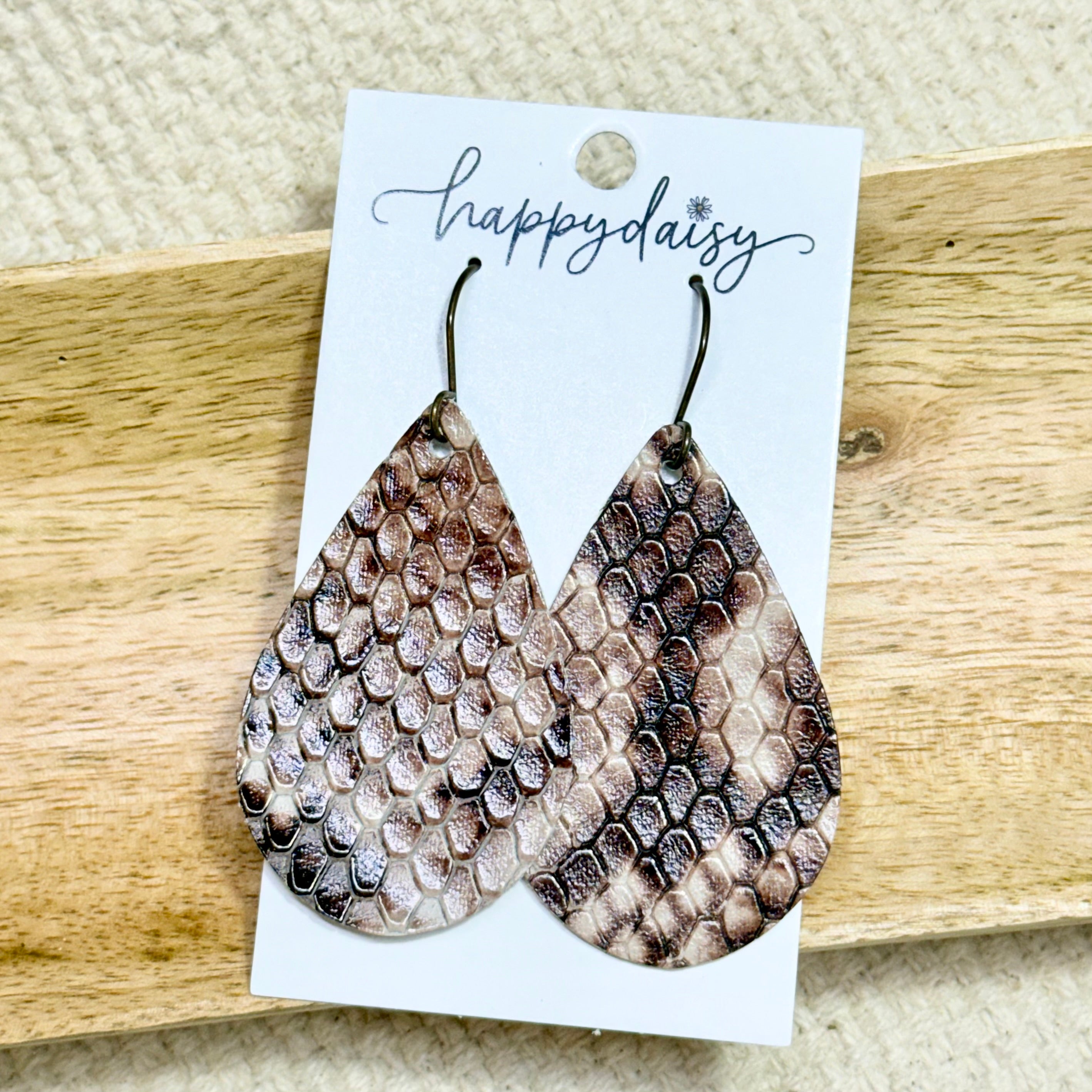 Brown Snake Embossed Teardrop Leather Earrings
