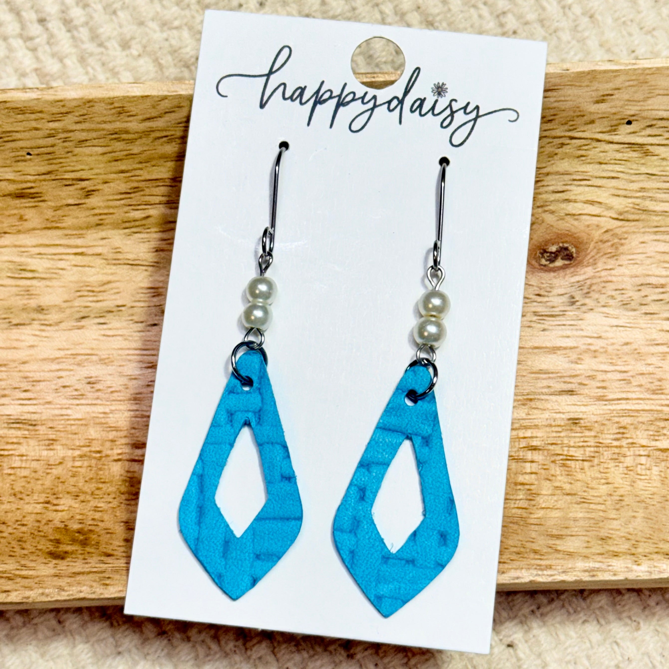 Turquoise Embossed Leather Drops Earrings with Beads