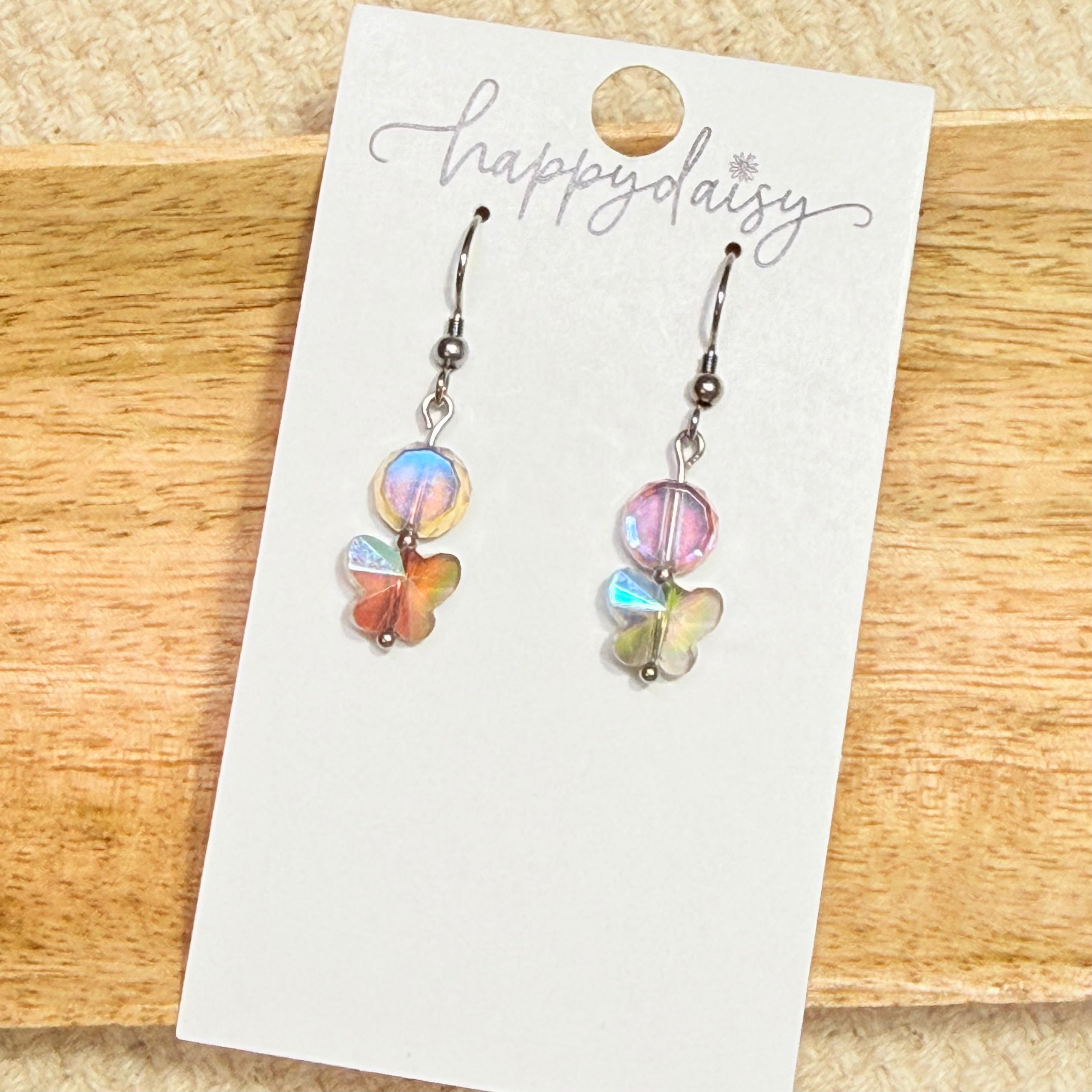 Pink Iridescent Butterfly Beaded Drop Earrings