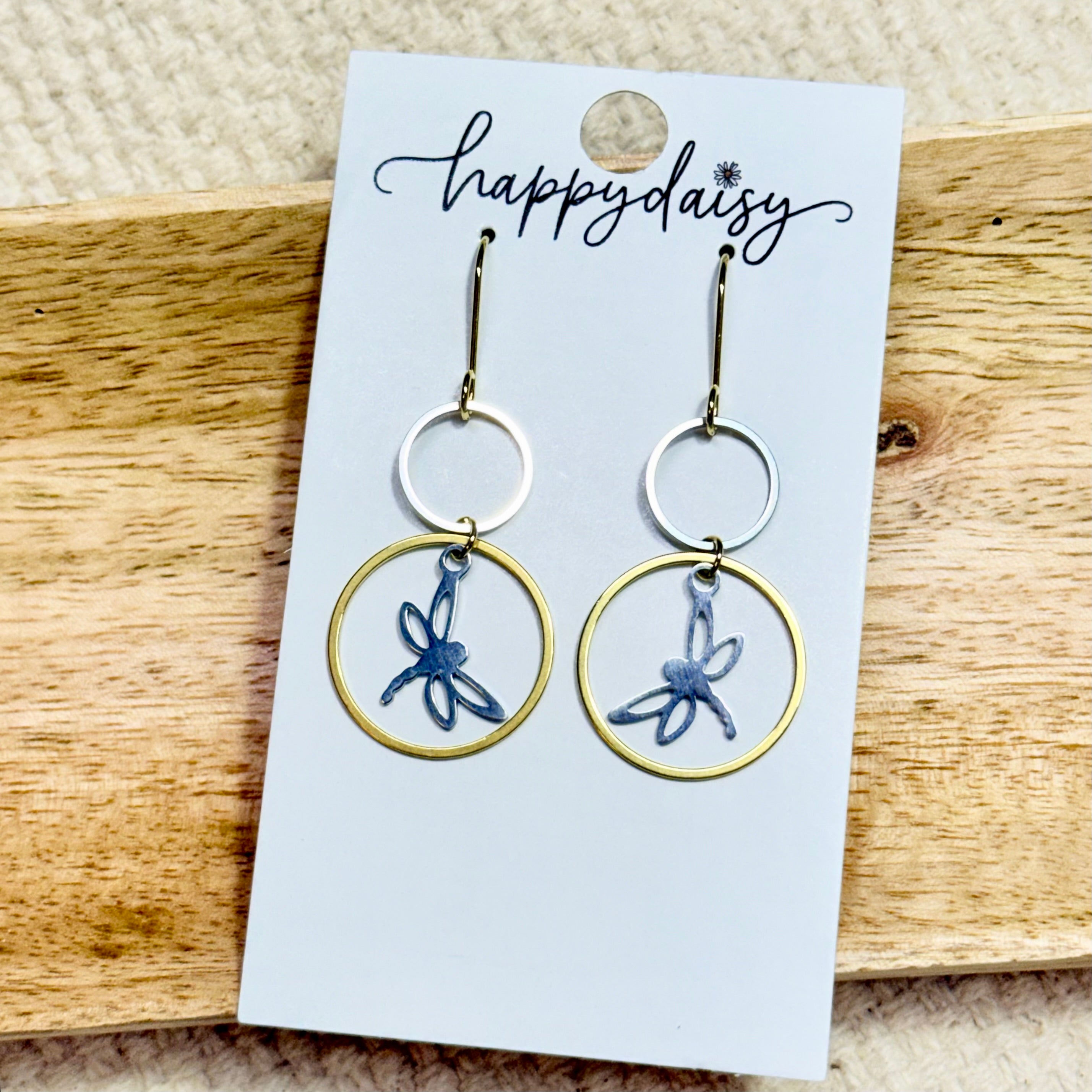 Dragonfly Charm Mixed Metal Gold Silver Stainless Steel Earrings