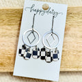 Black & White Checker & Stainless Steel Dangle Earrings