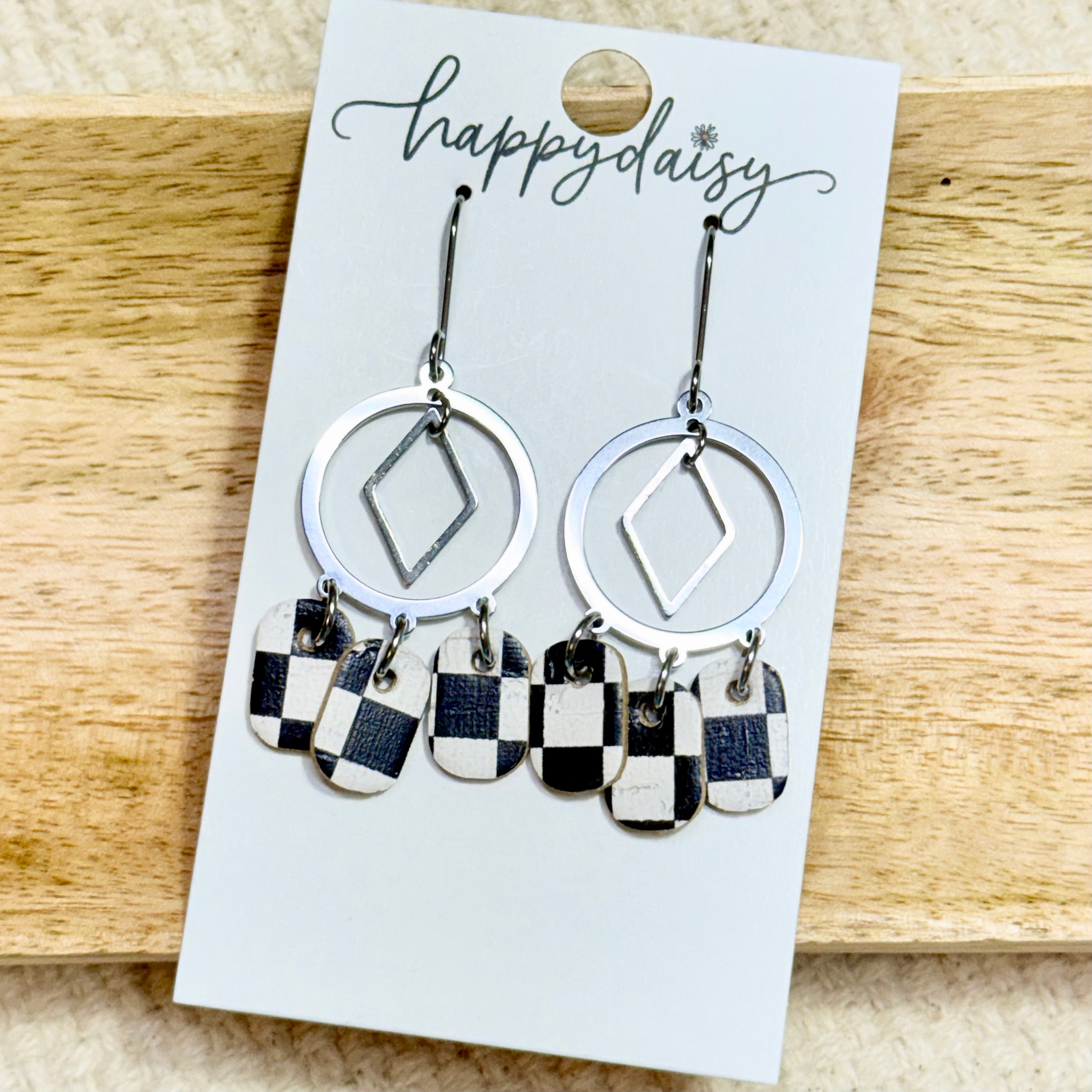 Black & White Checker & Stainless Steel Dangle Earrings