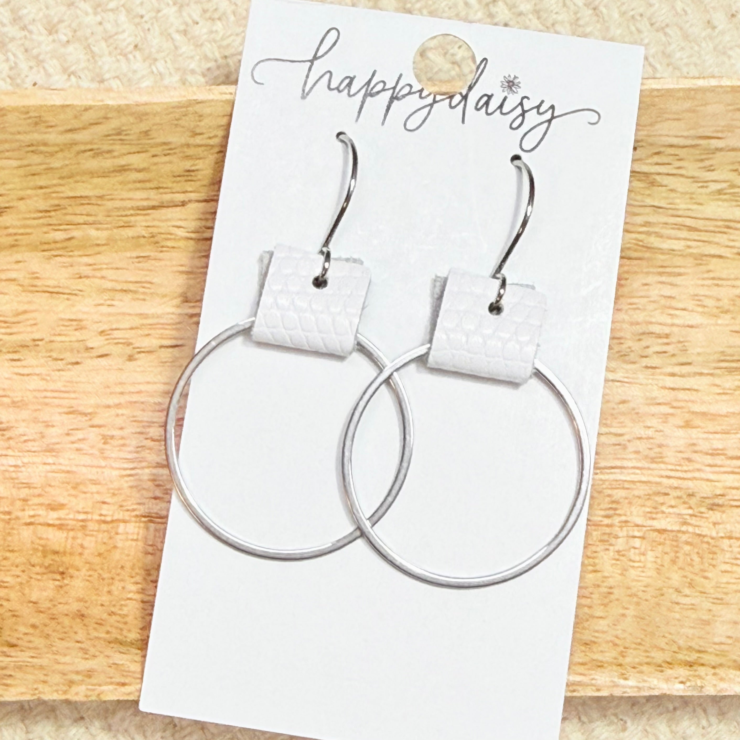 White Leather Tabbed Stainless Steel Hoop Earrings