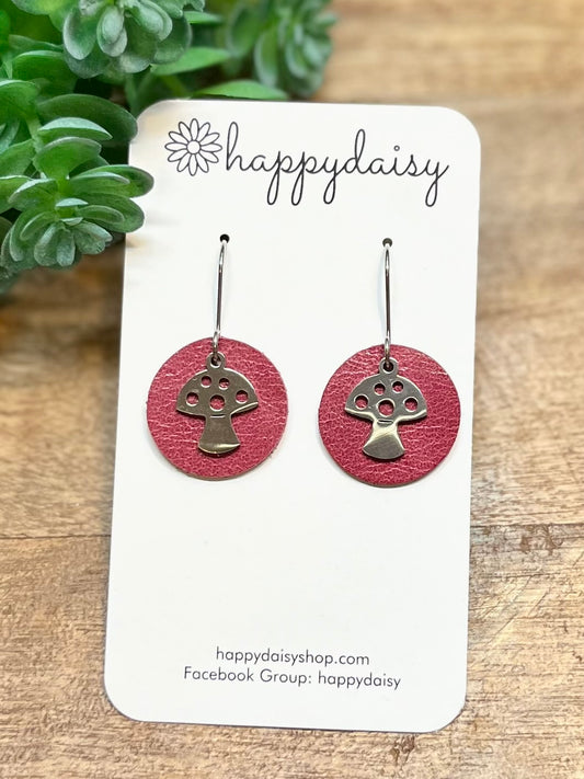 Mushroom Pink Raspberry Leather Circle Earrings