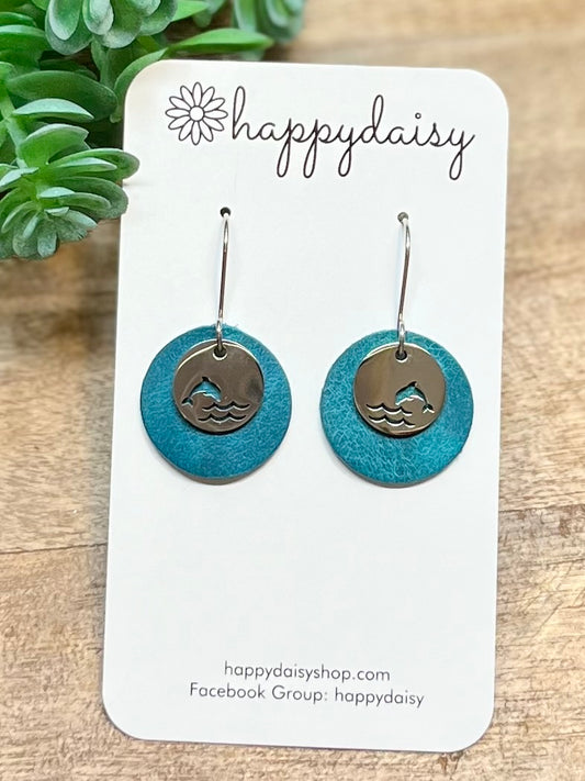 Dolphin Turquoise Leather Circle Earrings