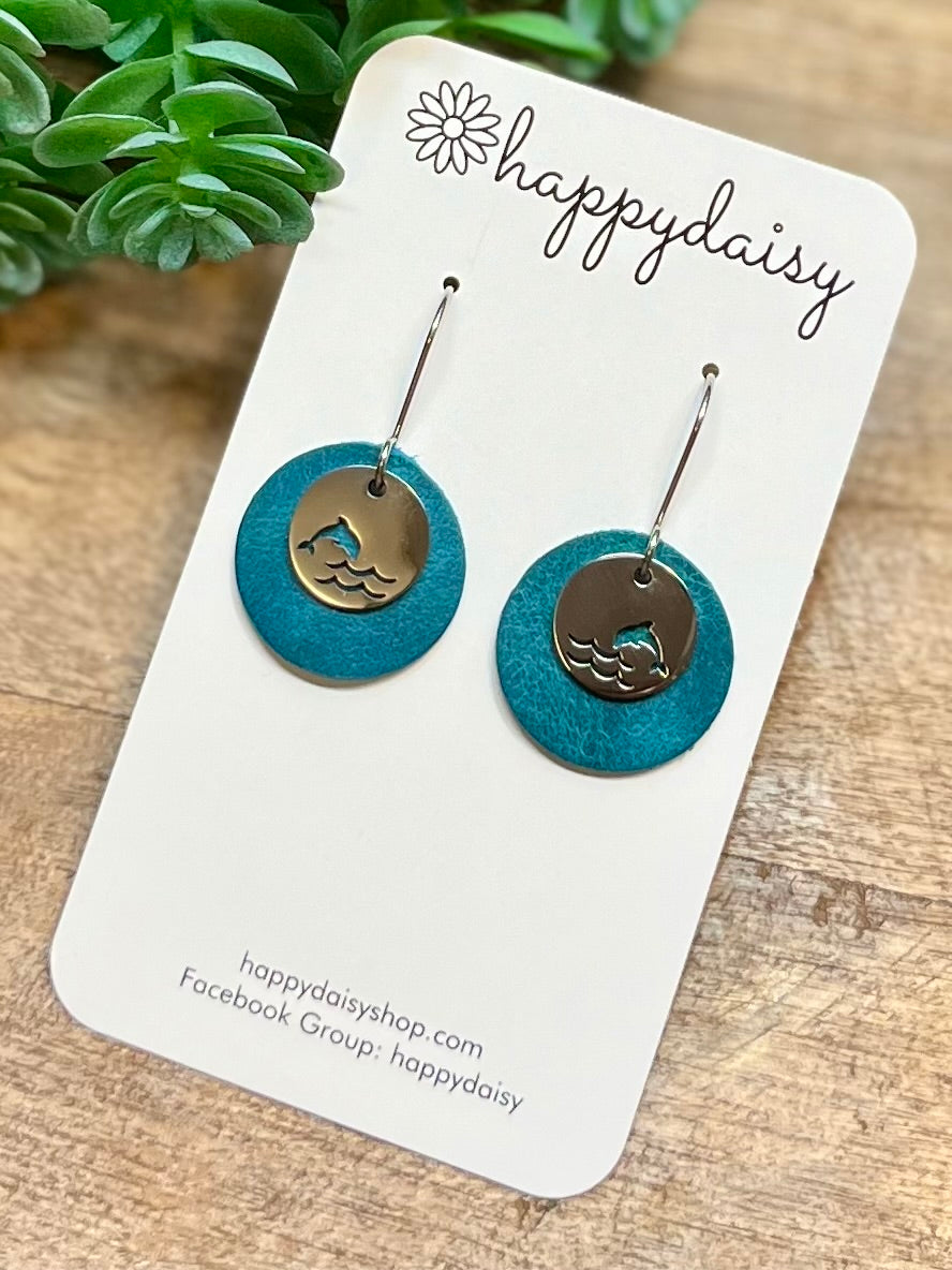 Dolphin Turquoise Leather Circle Earrings