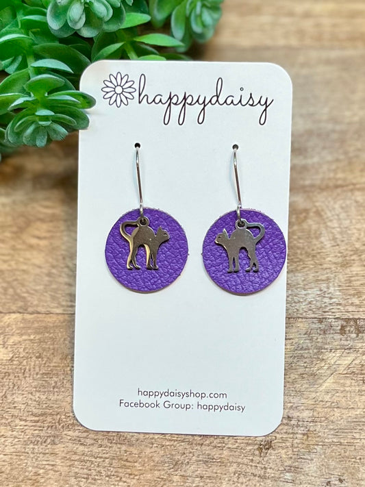 Arched Cat Purple Leather Circle Earrings