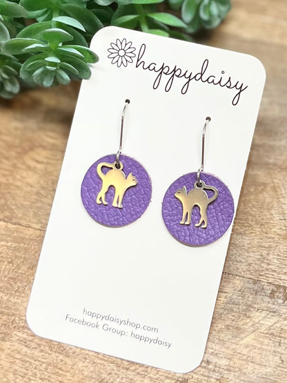 Arched Cat Purple Leather Circle Earrings