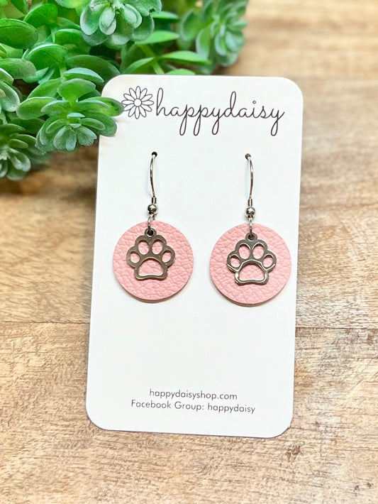 Dog Paw Print Pink Leather Circle Earrings