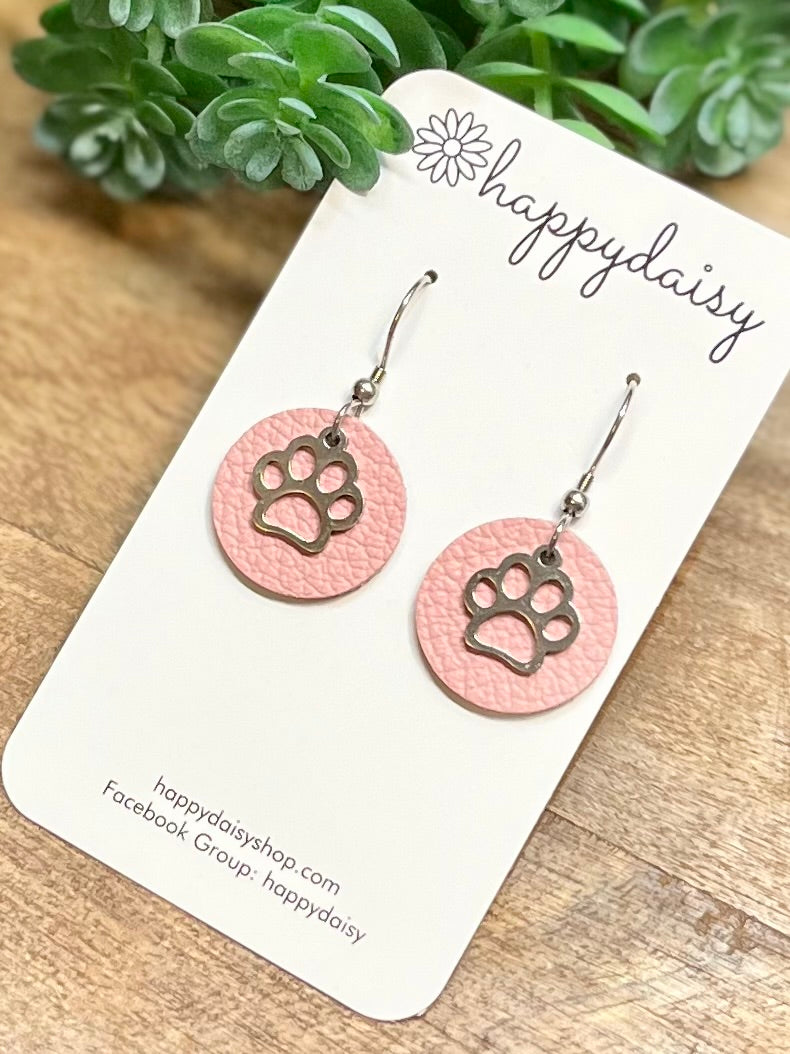 Dog Paw Print Pink Leather Circle Earrings