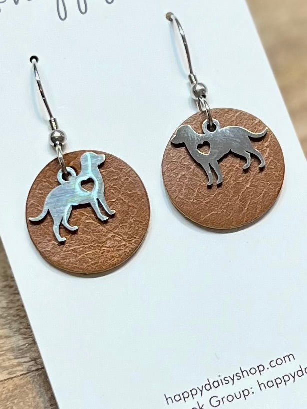 Dog Love Brown Leather Circle Earrings