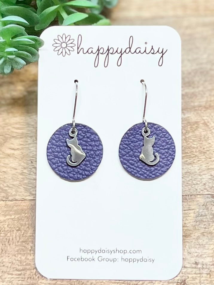 Cat Purple Leather Circle Earrings