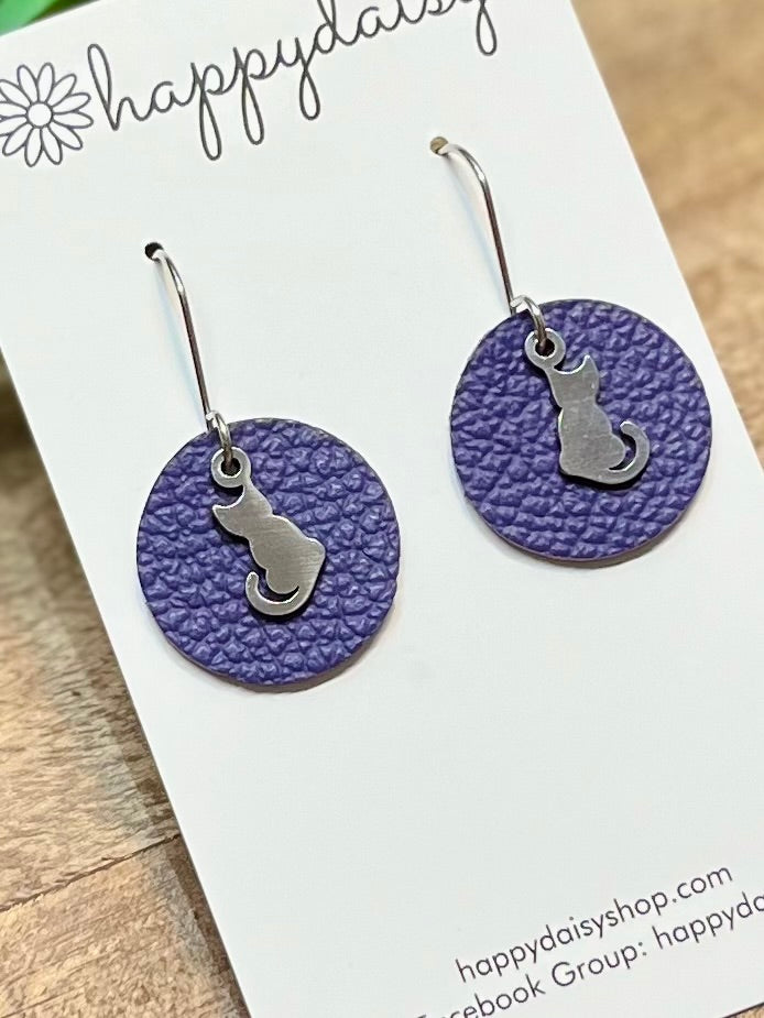 Cat Purple Leather Circle Earrings