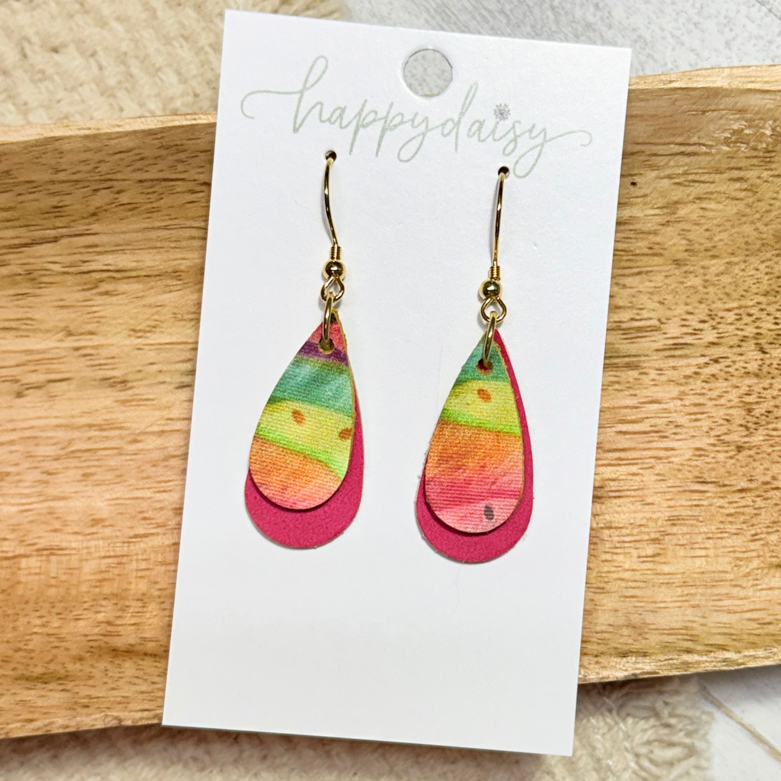 Watermelon Splash Layered Mini Teardrop Cork on Leather Earrings