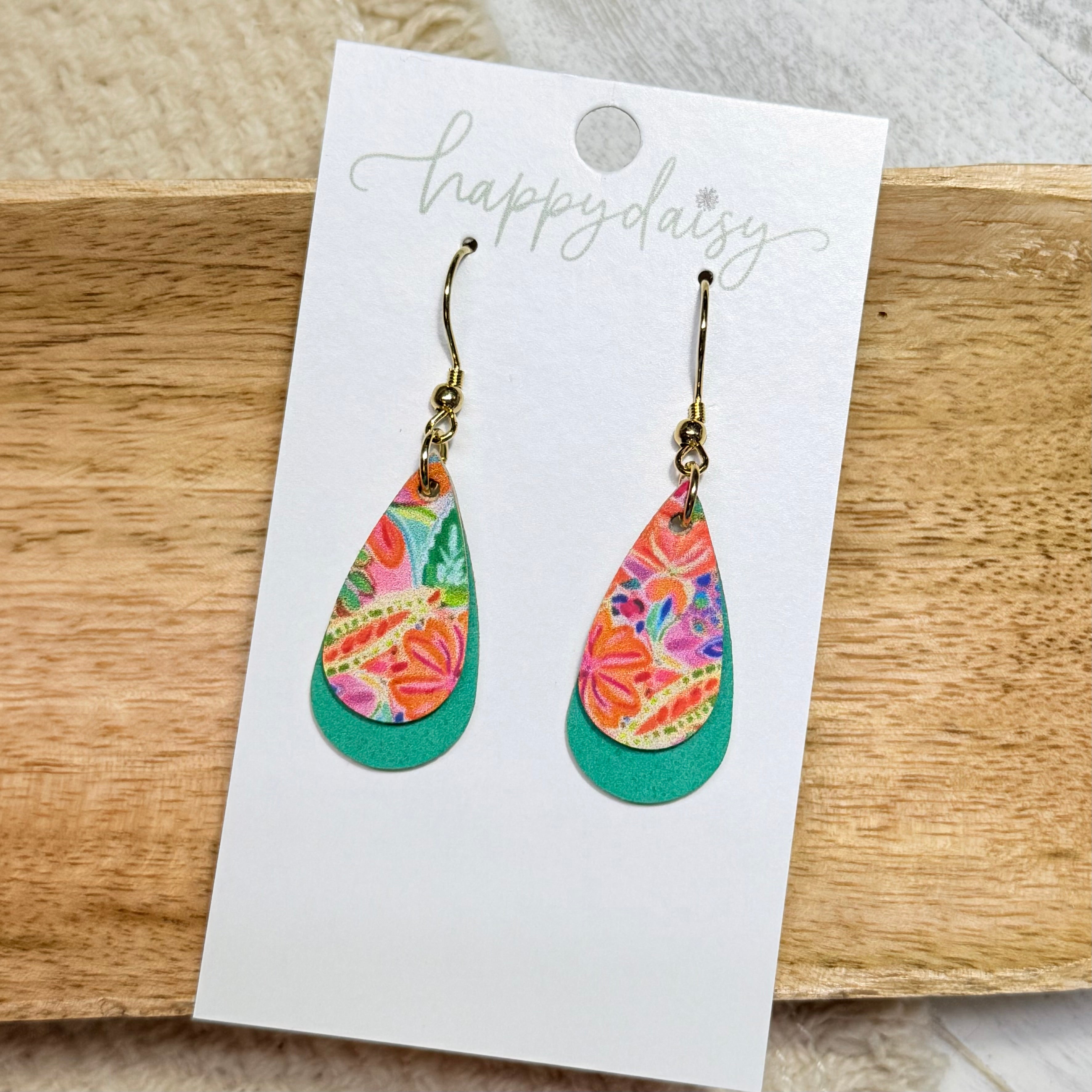 Summer Isle Floral Layered Mini Teardrop Cork on Leather Earrings