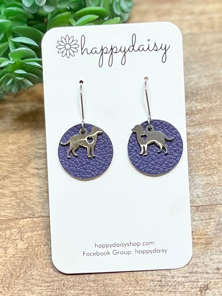 Dog Love Purple Leather Circle Earrings