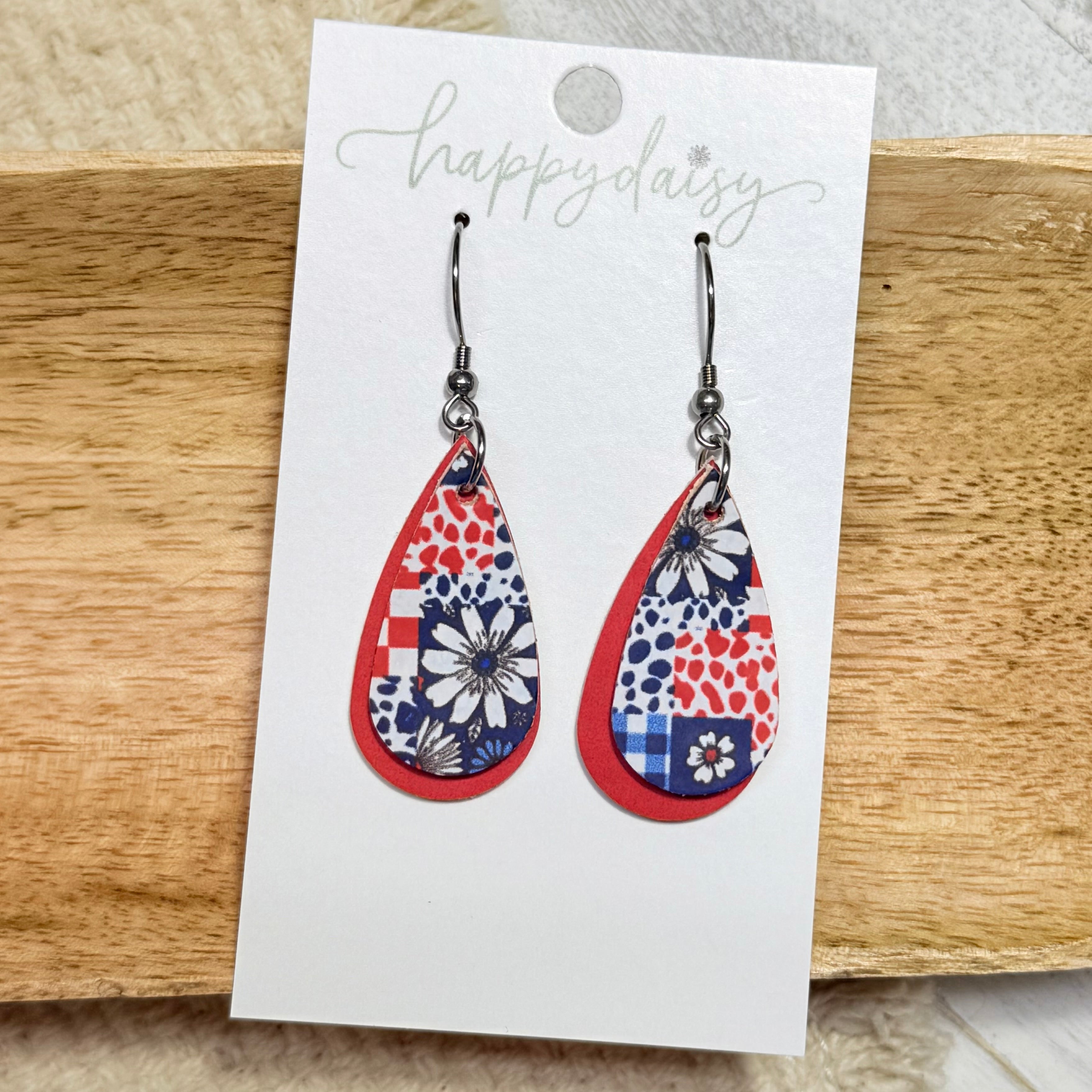 Patriotic Daisy Quilt Layered Mini Teardrop Cork on Leather Earrings