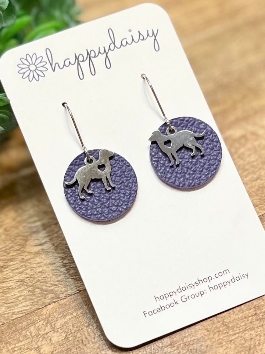 Dog Love Purple Leather Circle Earrings