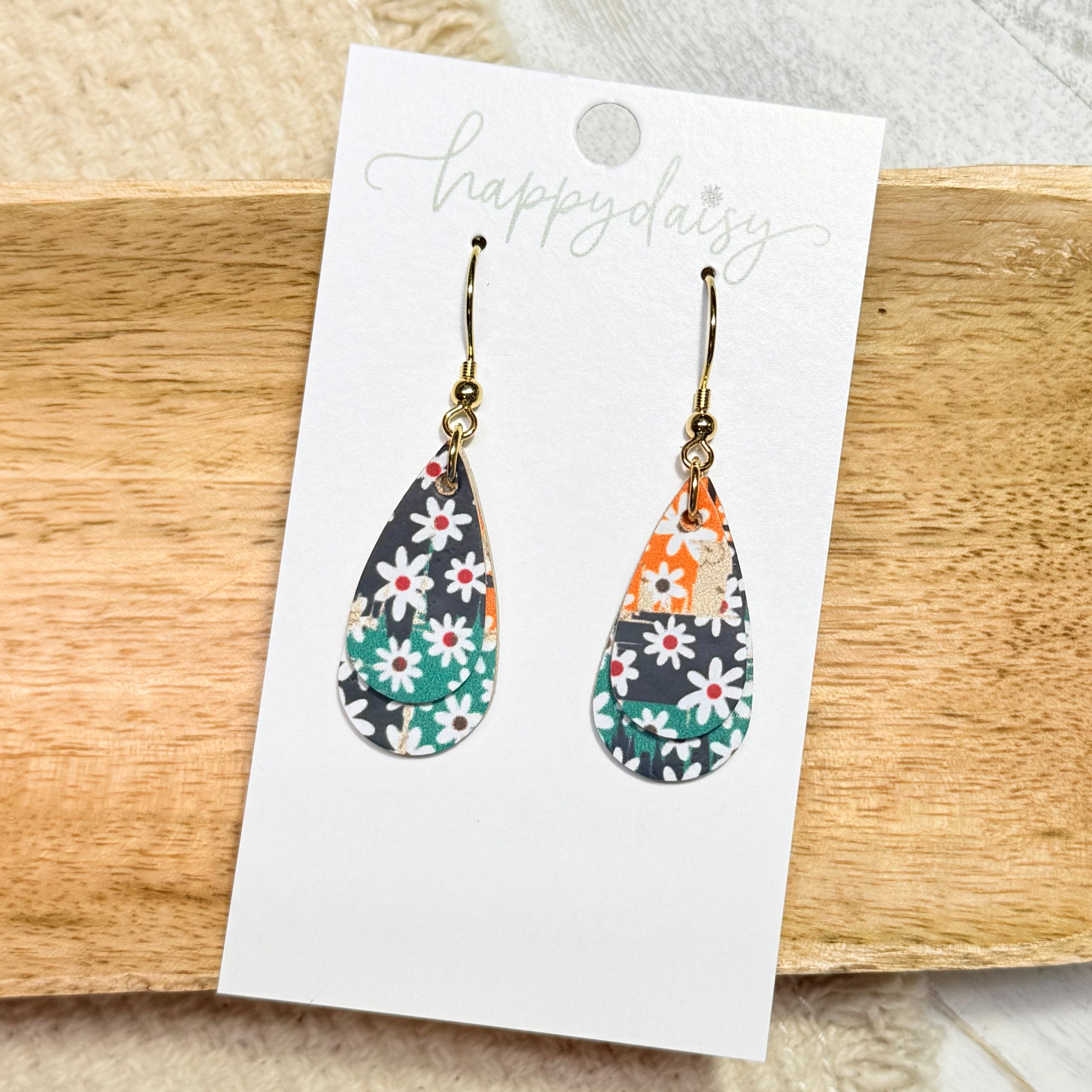 Daisy Patches Layered Mini Teardrop Cork on Leather Earrings