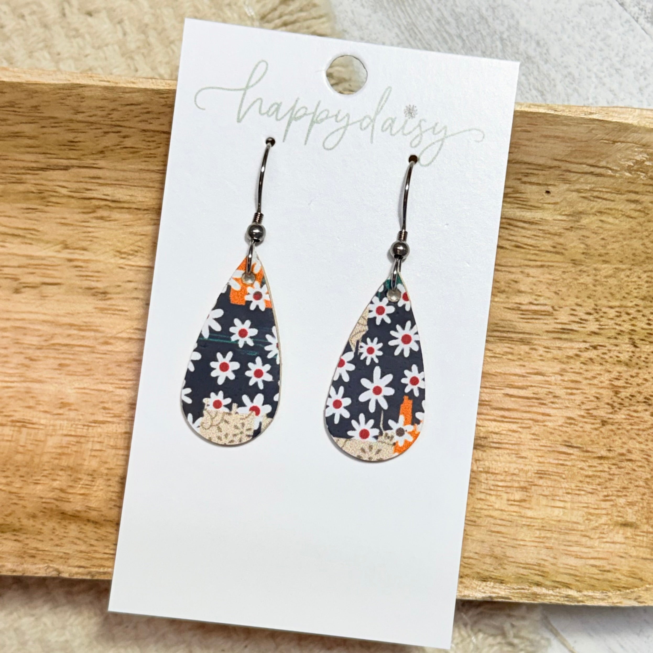 Daisy Patches Mini Teardrop Cork on Leather Earrings